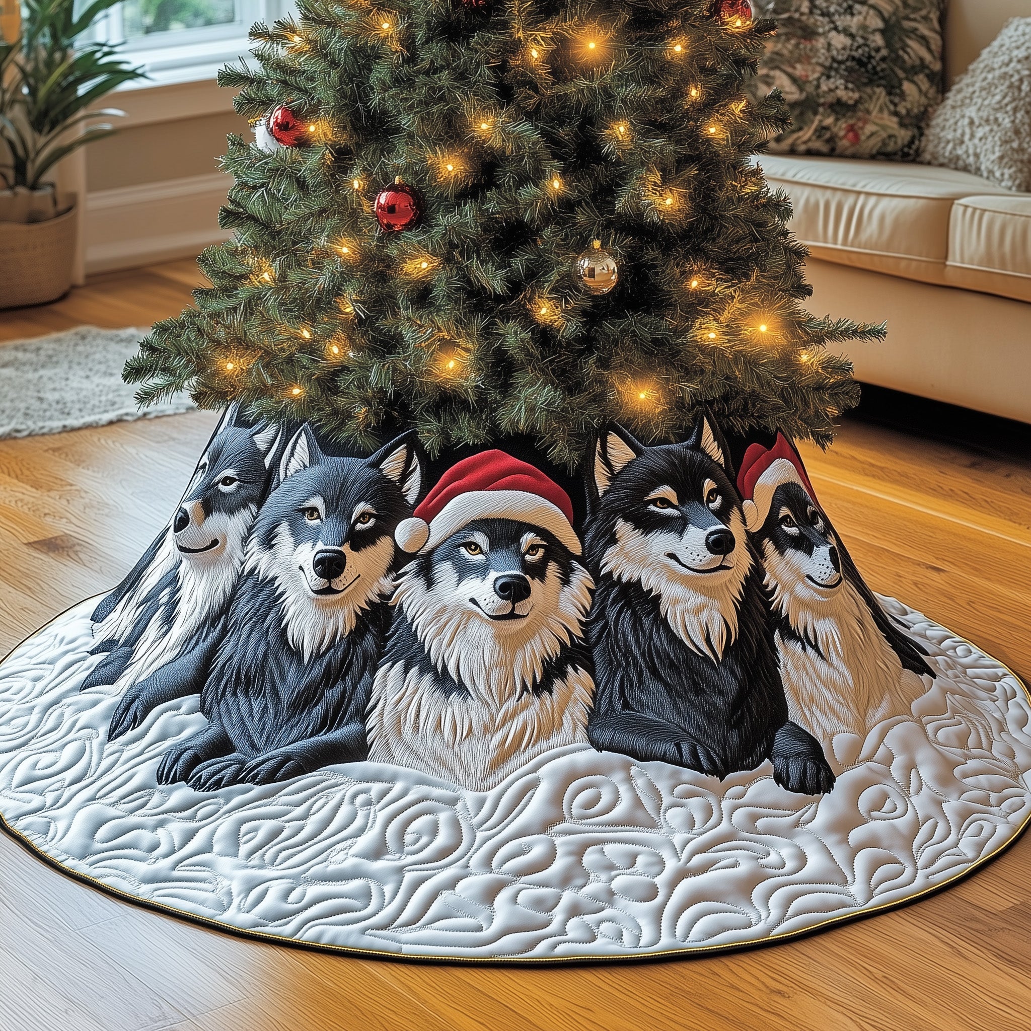 Wolf Quilted Tree Skirt Warm Gift Merch For Family