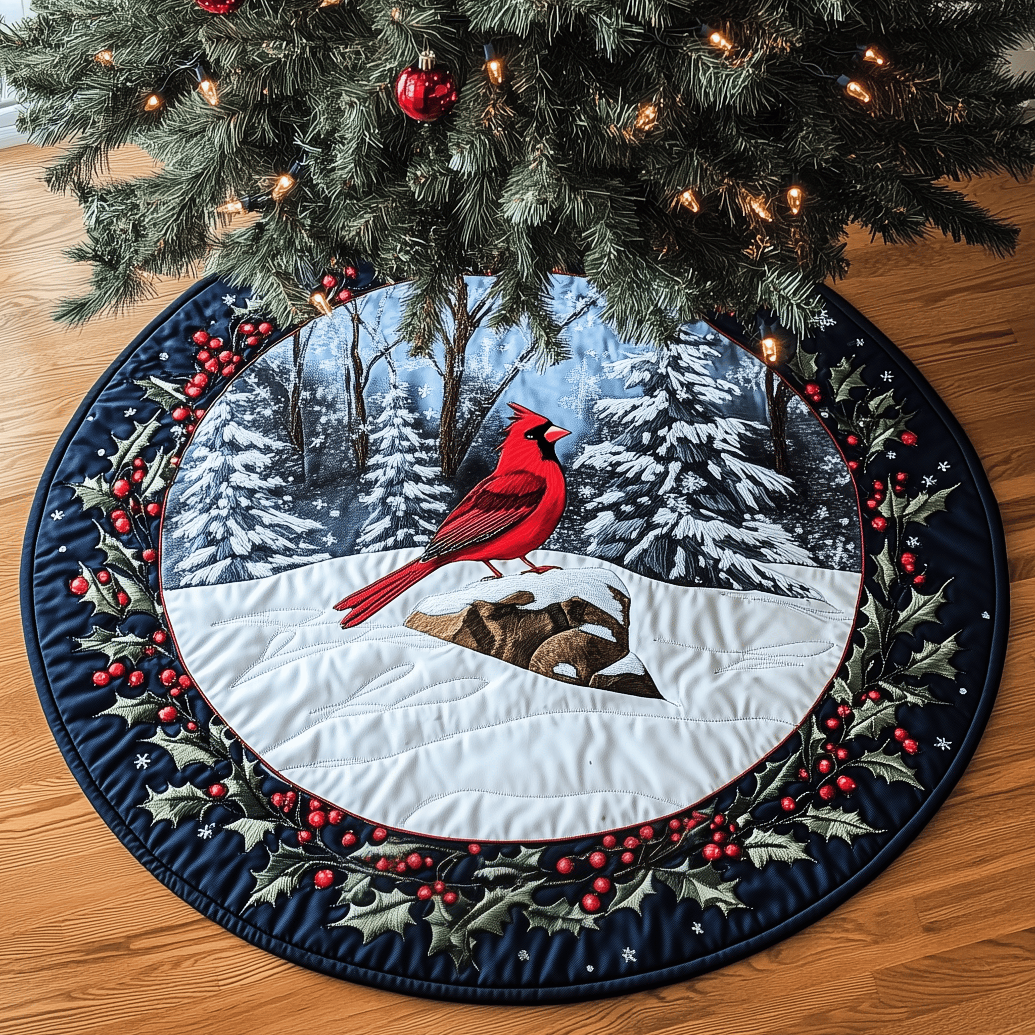 Red Cardinal Quilted Tree Skirt Charming Thanksgiving Gift Merch