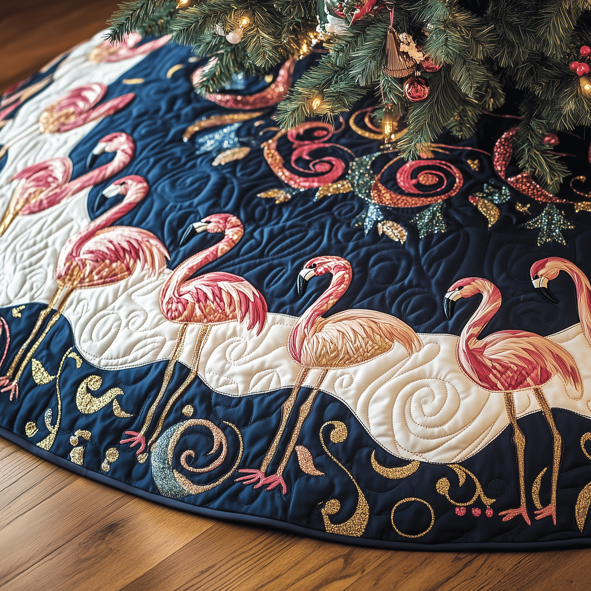 Festive Flamingo Quilted Tree Skirt Perfect Gift Merch For Her