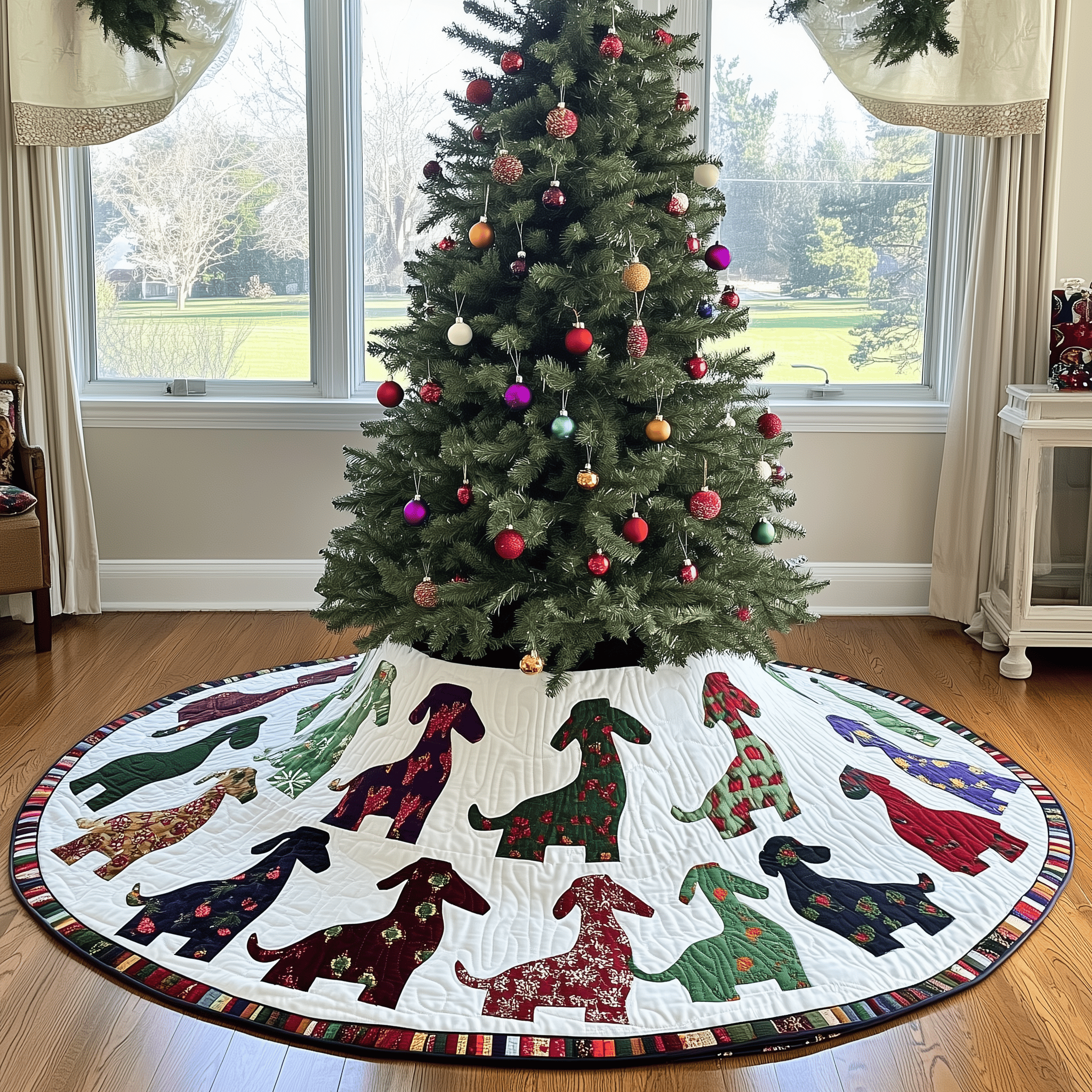 Festive Dashchund Quilted Tree Skirt Holiday Tree Skirt Must-Have