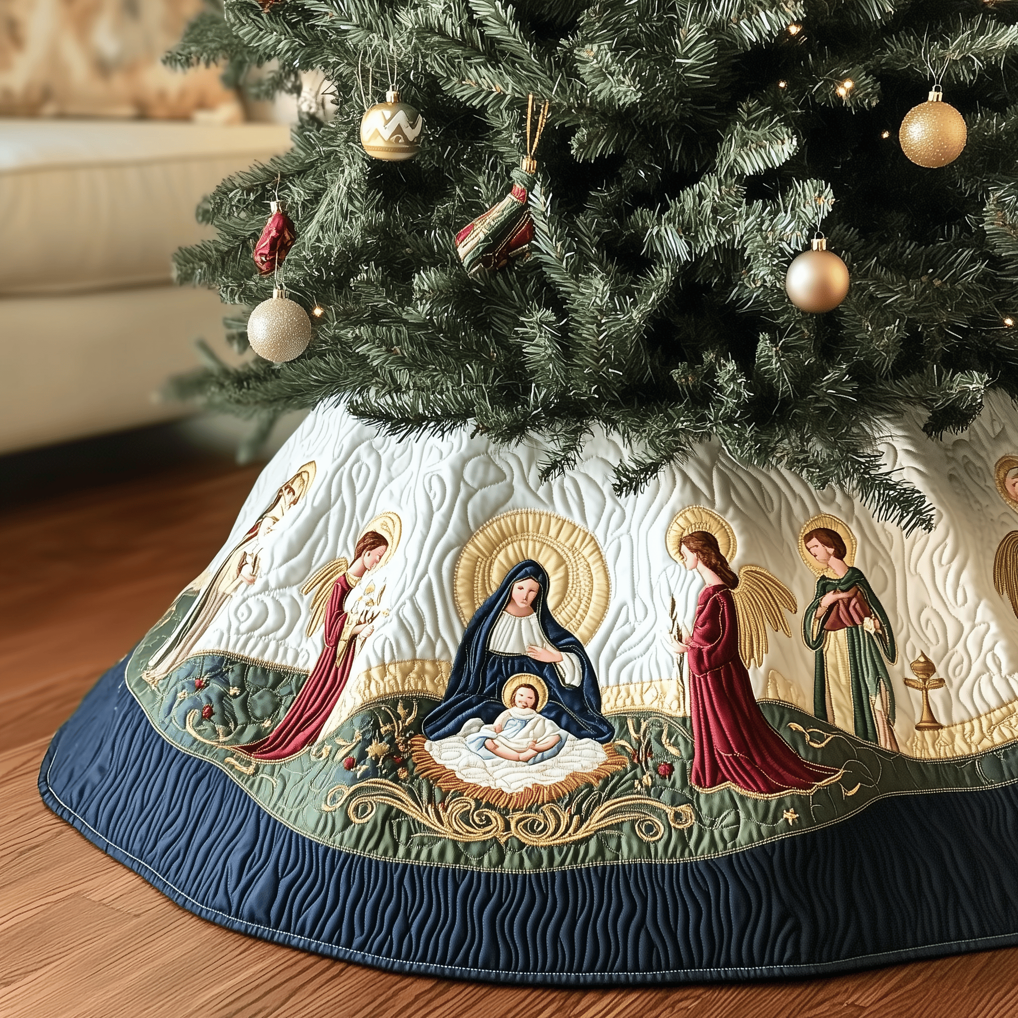 Nativity Scene Quilted Tree Skirt Festive Living Room Merch