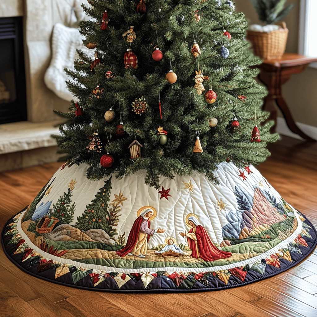 Nativity Scene Quilted Tree Skirt Thoughtful Gift Merch For Dad