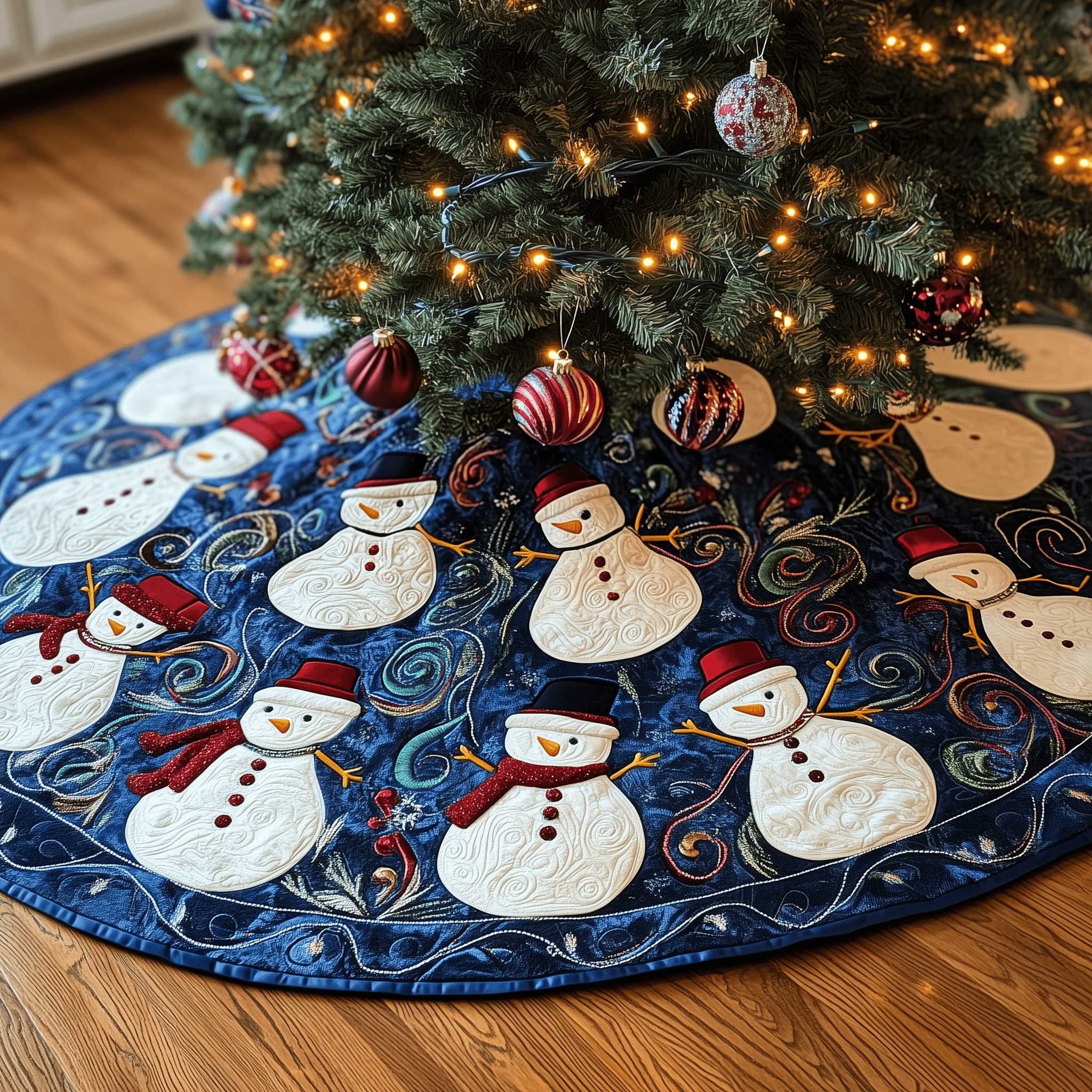 Swirls Snowmen Quilted Tree Skirt Beautiful Christmas Tree Skirt Merch