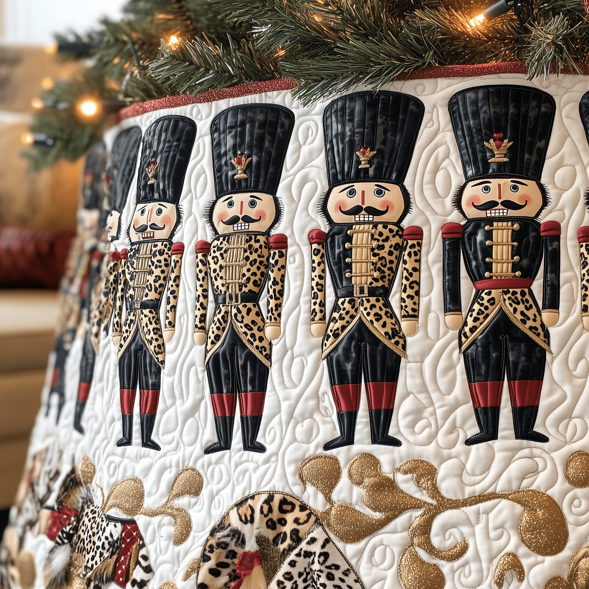 Festive Leopard Nutcracker Quilted Tree Skirt Elegant Christmas Tree Decor Merch
