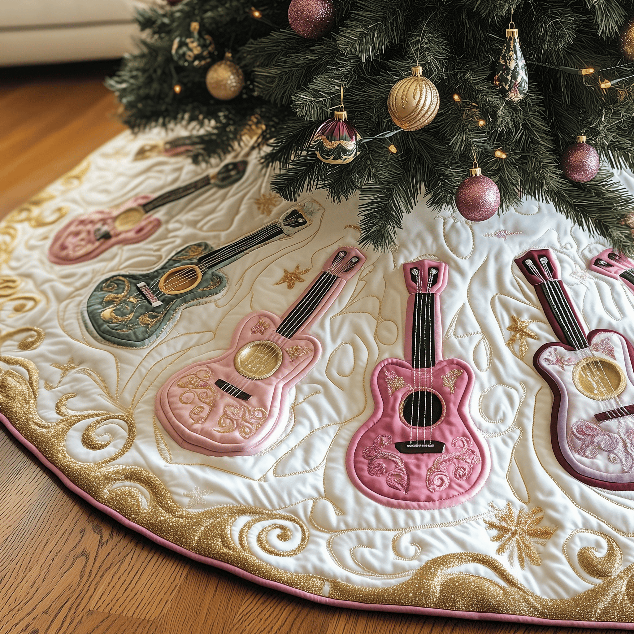 Festive Pinky Ukulele Quilted Tree Skirt Perfect Christmas Gift Merch