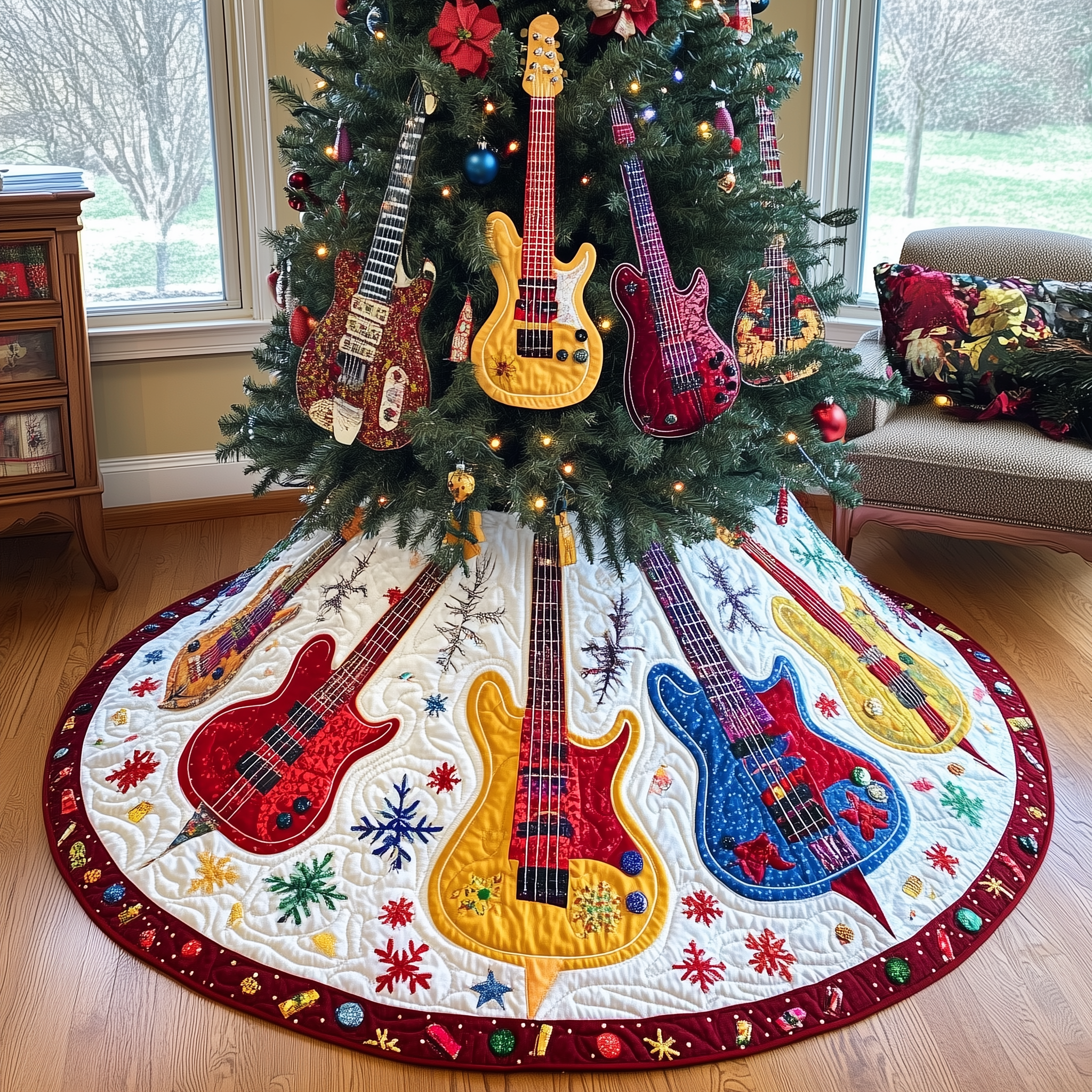 Festive Guitars Quilted Tree Skirt Meaningful Anniversary Gift Merch