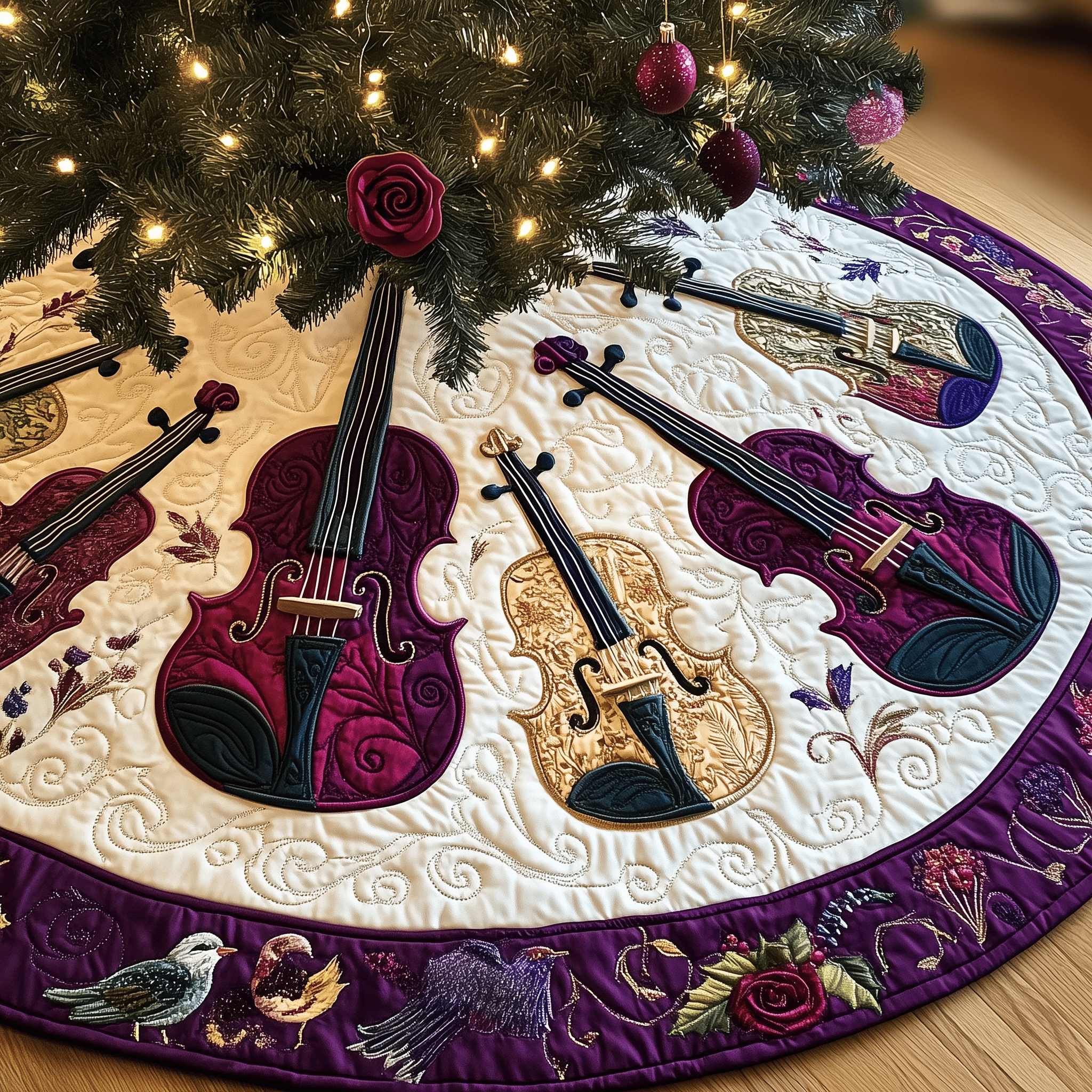 Festive Purple Violins Quilted Tree Skirt Holiday Tree Skirt Must-Have
