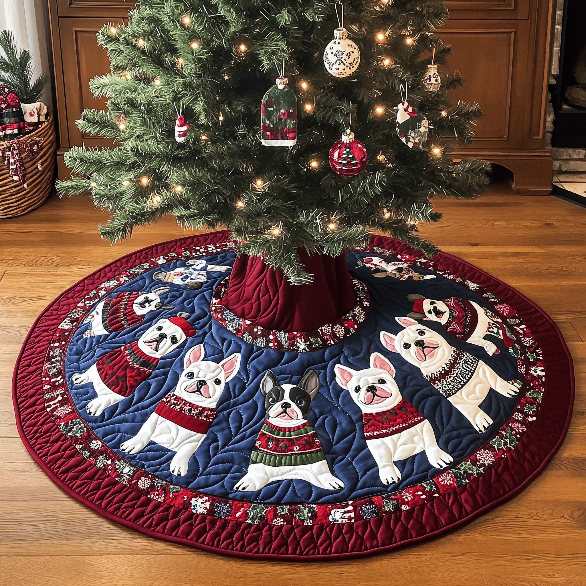 Playful French Bulldog Christmas Quilted Tree Skirt Perfect Christmas Gift Merch