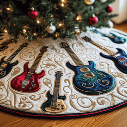 Festive Swirl Guitars Quilted Tree Skirt Unique Gift Merch For Friends