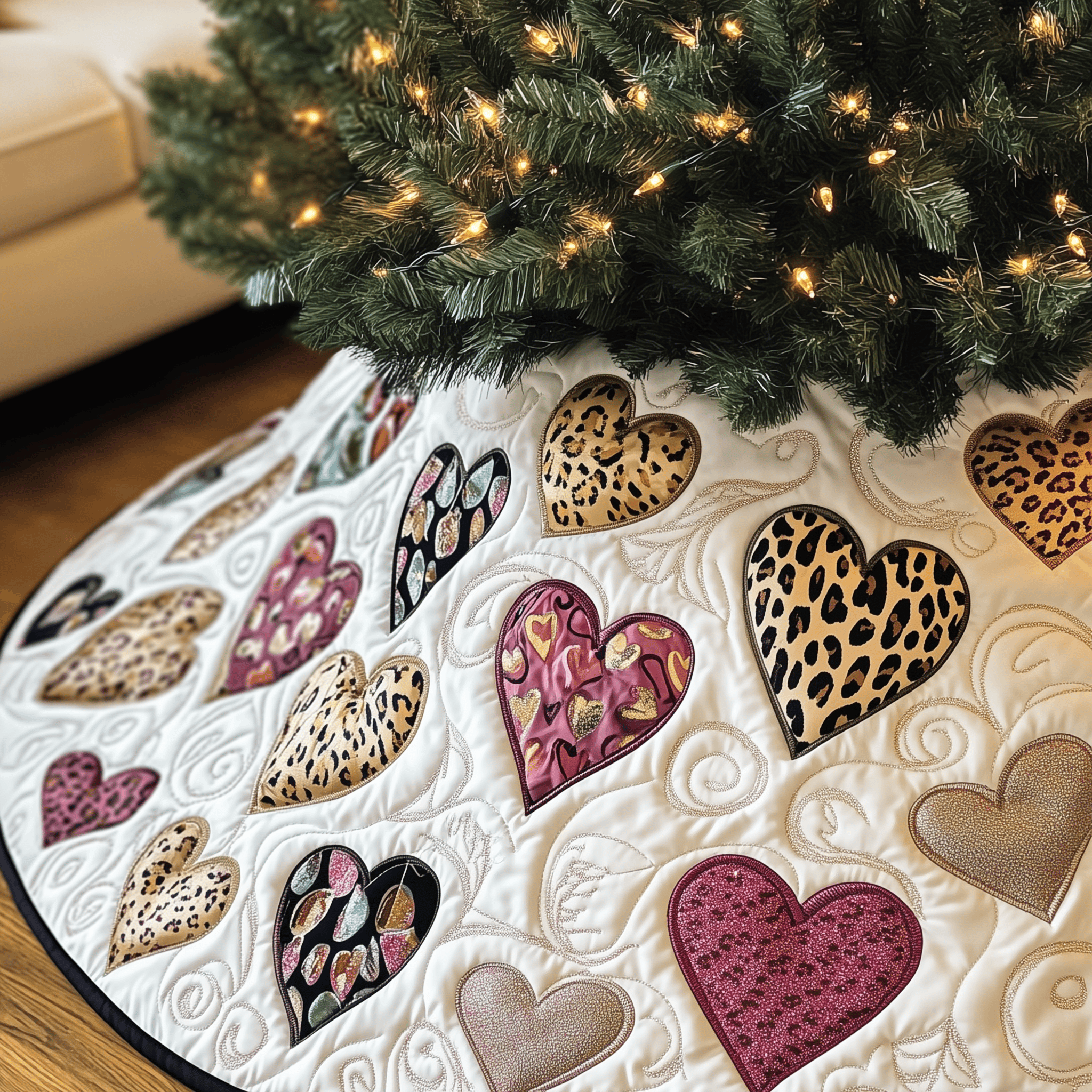 Leopard Hearts Quilted Tree Skirt Cozy Home Decor Gift Merch