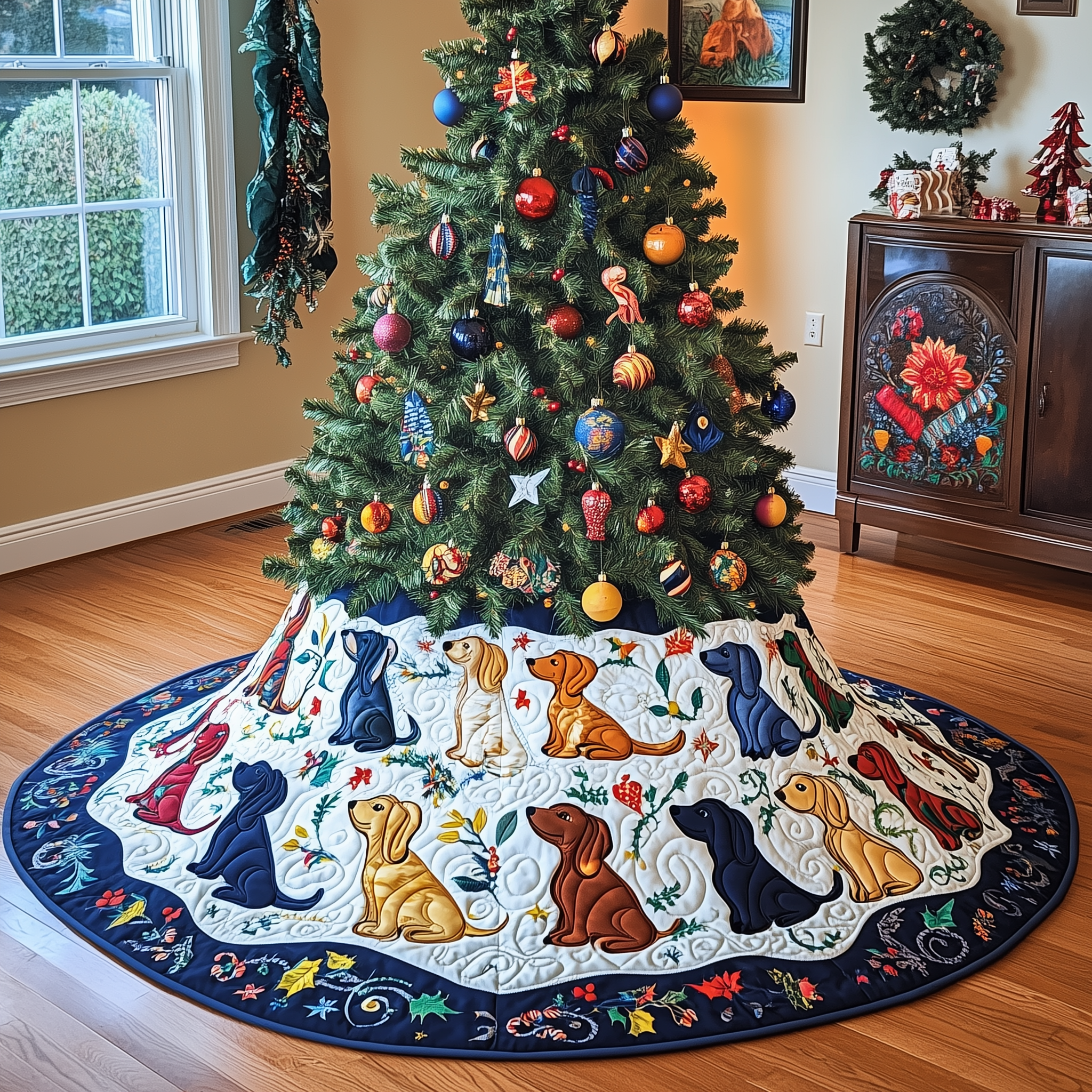 Playful Dachshund Quilted Tree Skirt Warm Winter Home Merch