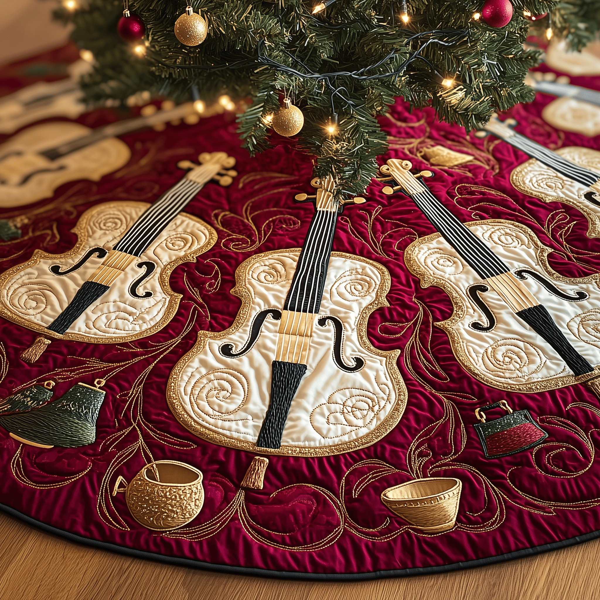 Festive Violins Quilted Tree Skirt Unique Gift Merch For Friends