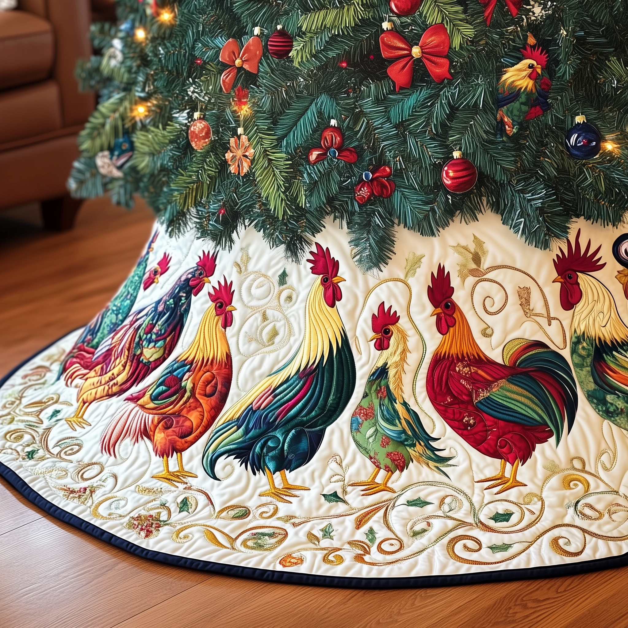 Festive Chicken Quilted Tree Skirt Warm Winter Home Merch