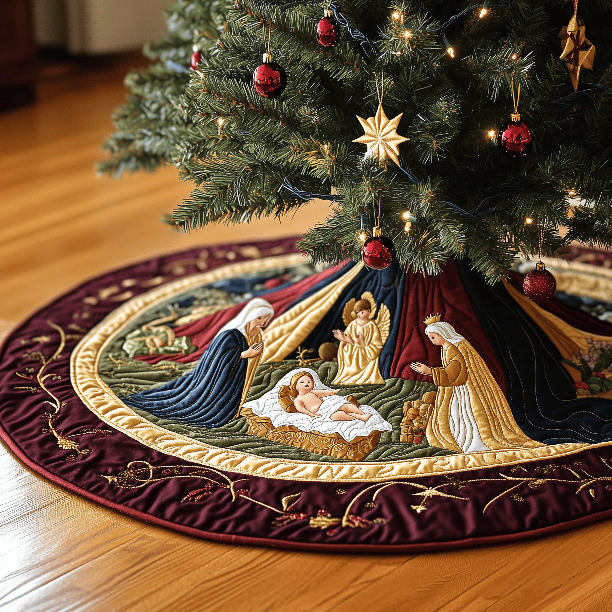 Nativity Scene Quilted Tree Skirt Stylish Holiday Decor Gift Merch