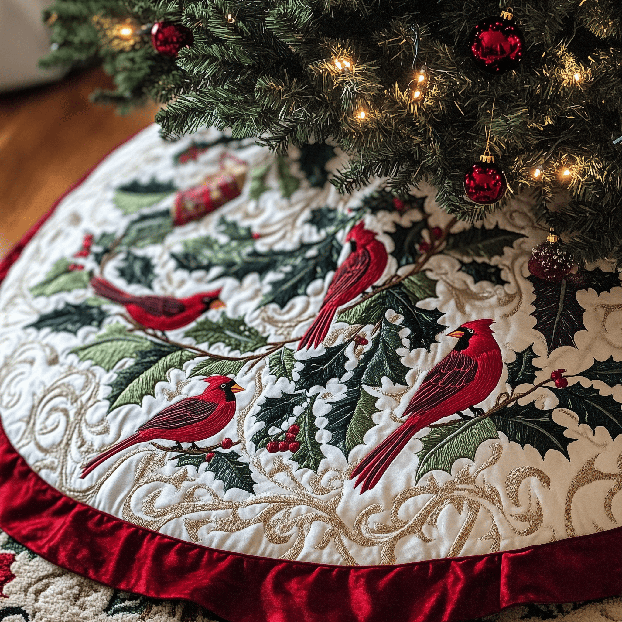 Red Cardinal Quilted Tree Skirt Best New Year Gift Merch