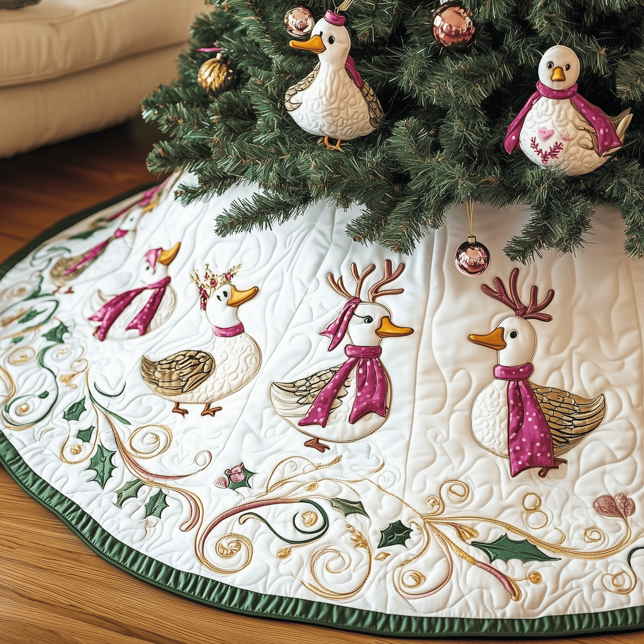 Pink Duck Quilted Tree Skirt Best Gift Merch For Him