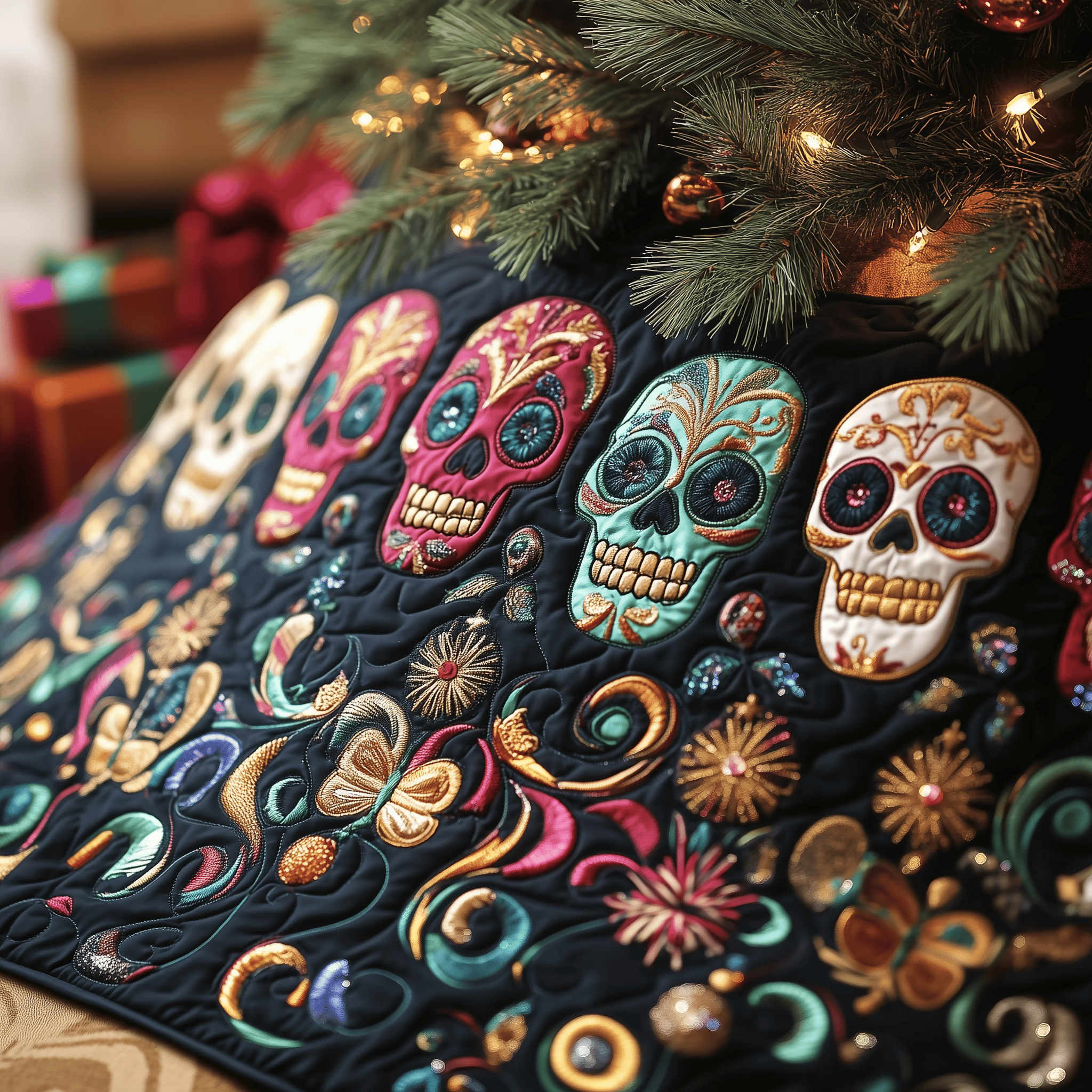 Festive Skull Quilted Tree Skirt Elegant Christmas Tree Decor Merch