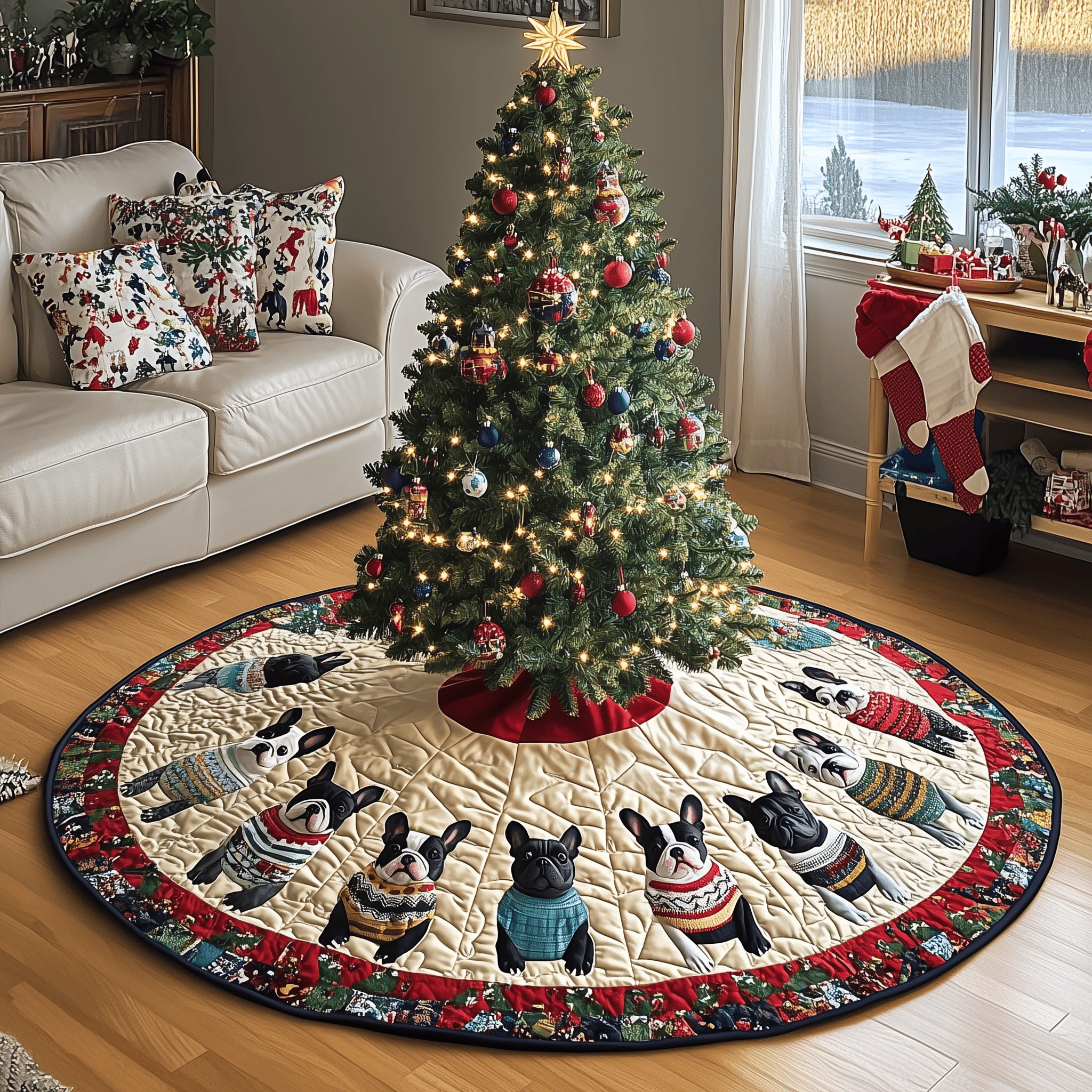 Playful French Bulldog Christmas Quilted Tree Skirt Cozy Tree Skirt For Holiday Decor