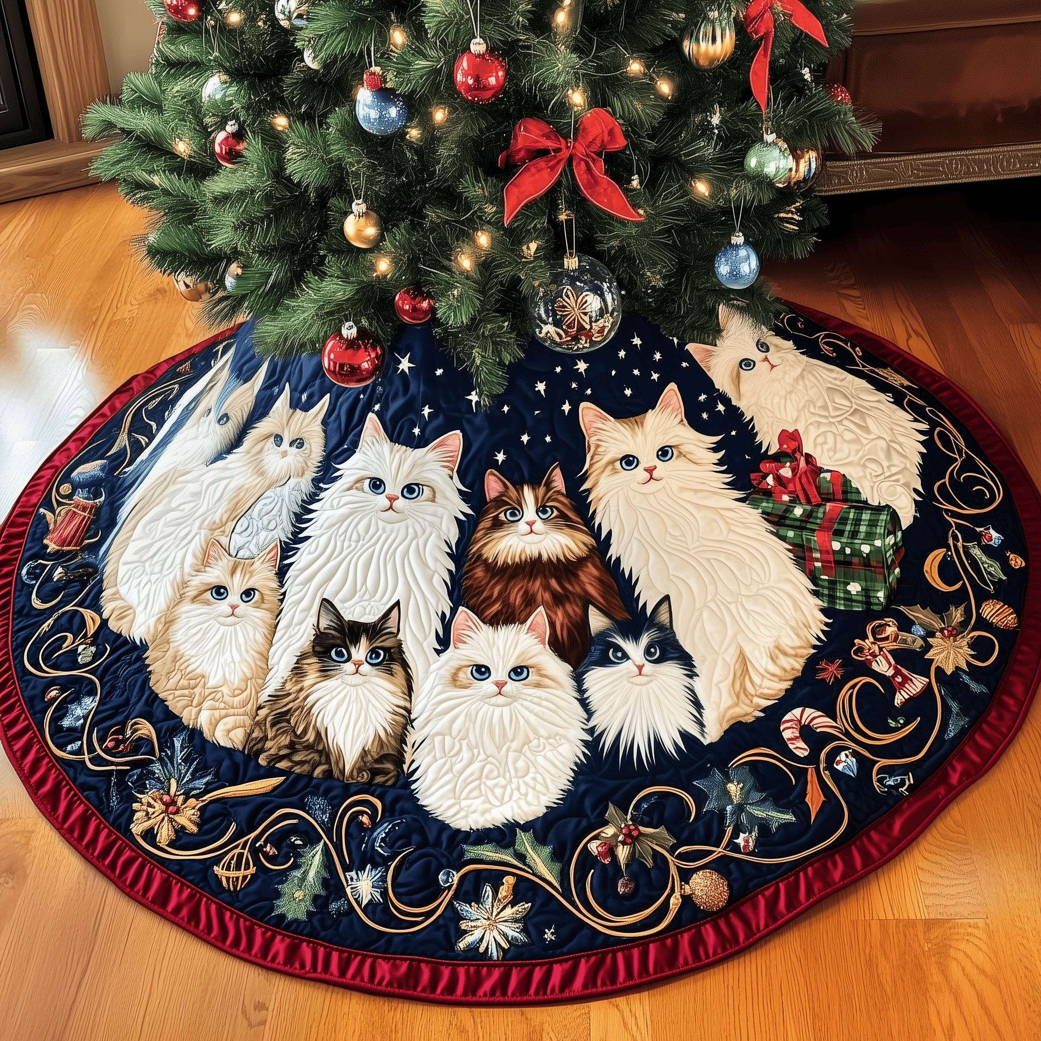 Festive Cat Quilted Tree Skirt Lovely Mother�s Day Gift Merch