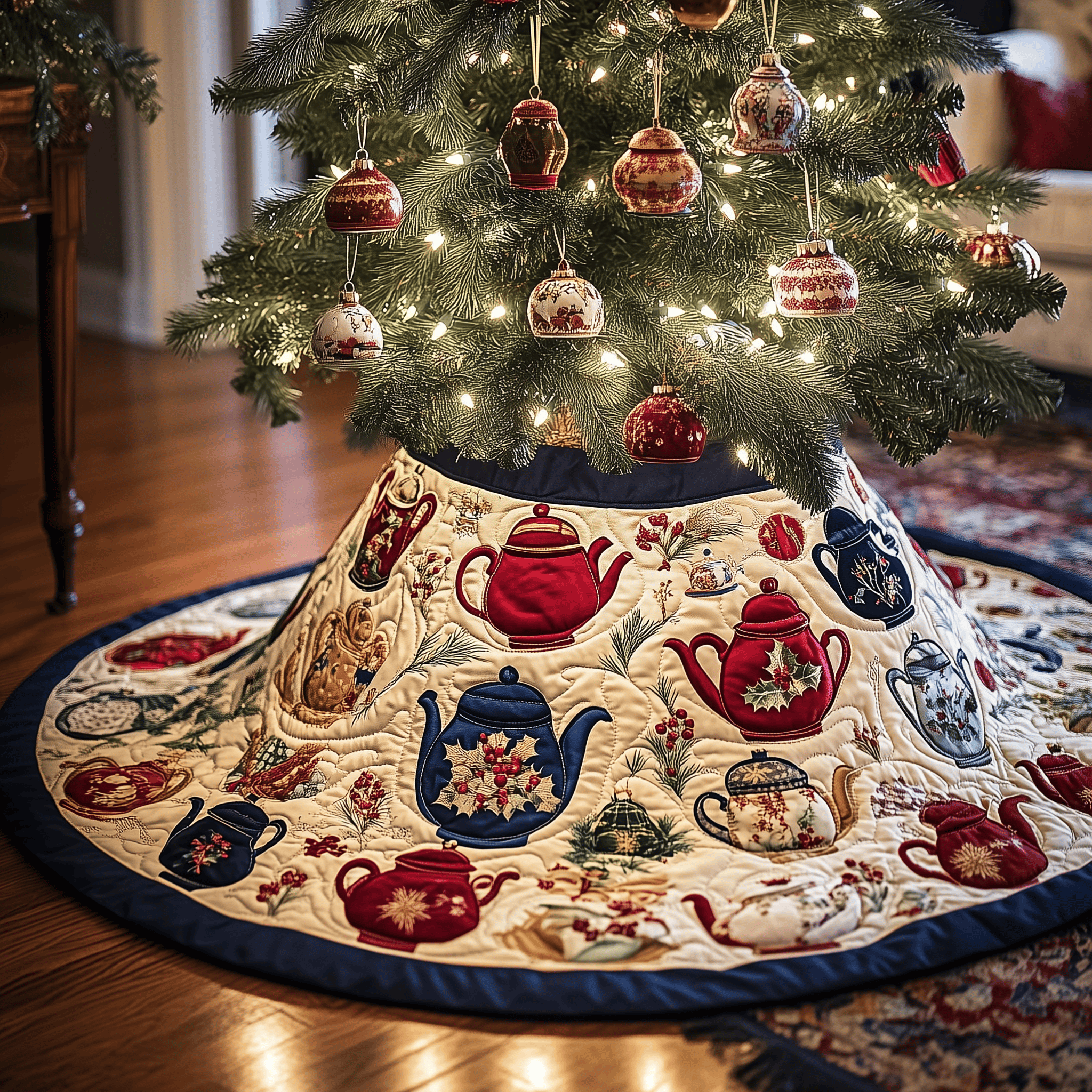Festive Teapot Quilted Tree Skirt Joyful Home Merch Collection