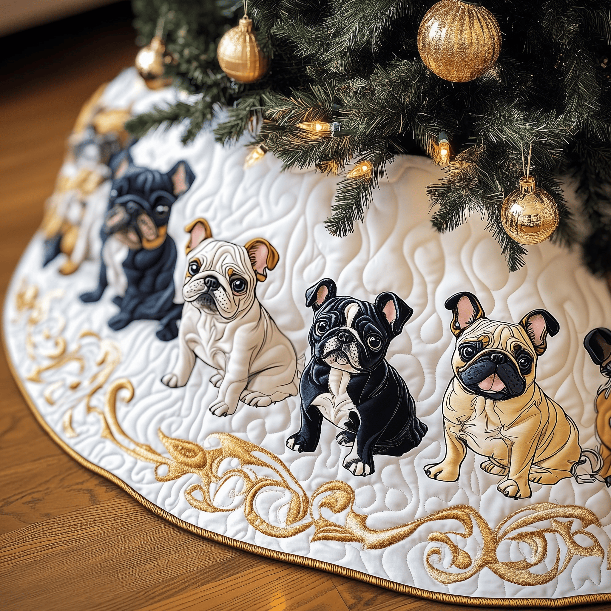 Festive French Bulldog Quilted Tree Skirt Elegant Christmas Tree Decor Merch