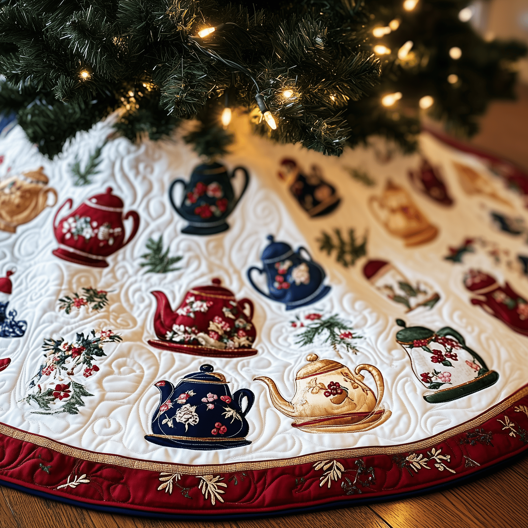 Festive Teapot Quilted Tree Skirt Warm Winter Home Merch