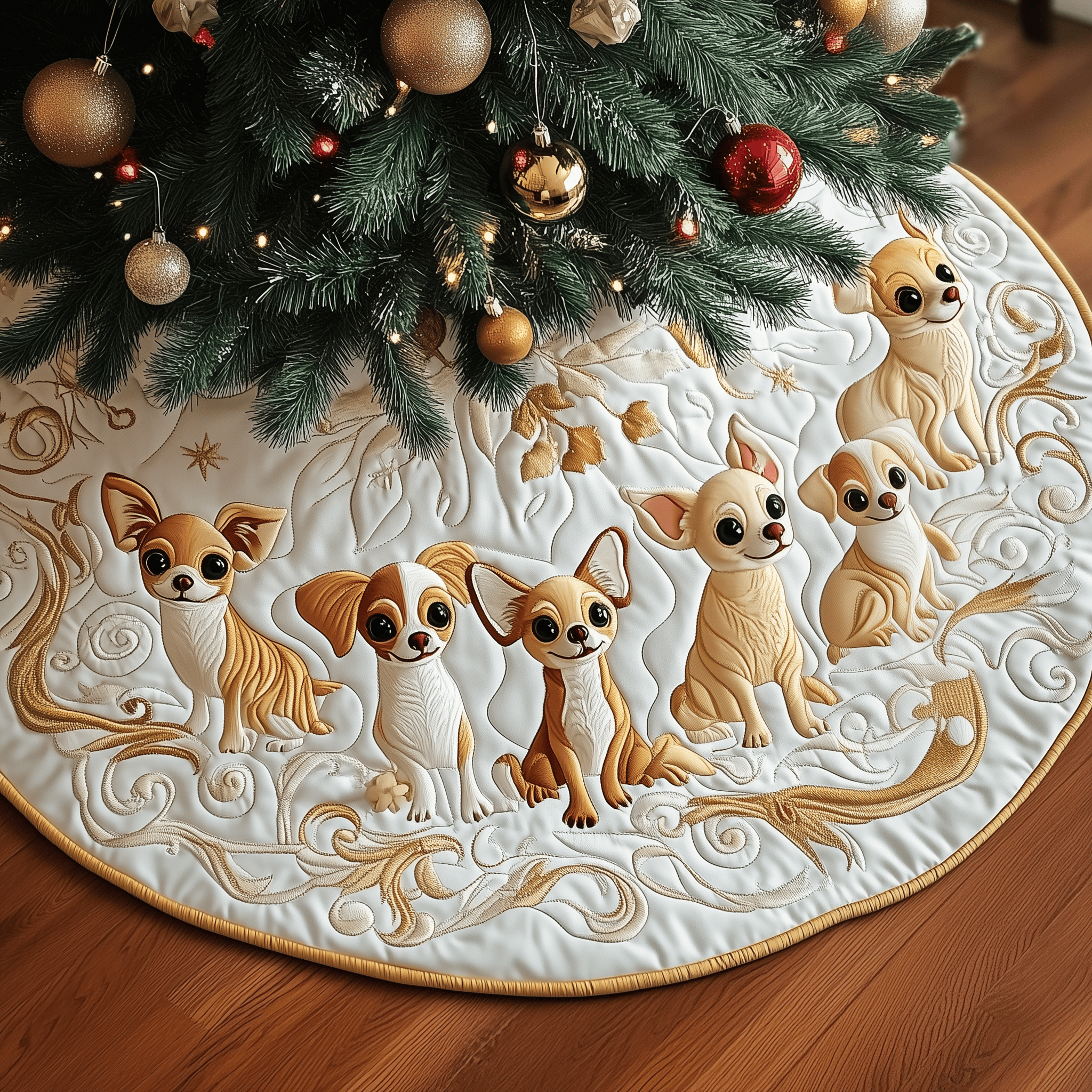 Joyful Christmas Chihuahua Quilted Tree Skirt Elegant Christmas Tree Decor Merch