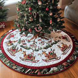 Reindeer Sleds Quilted Tree Skirt Cozy Home Decor Gift Merch