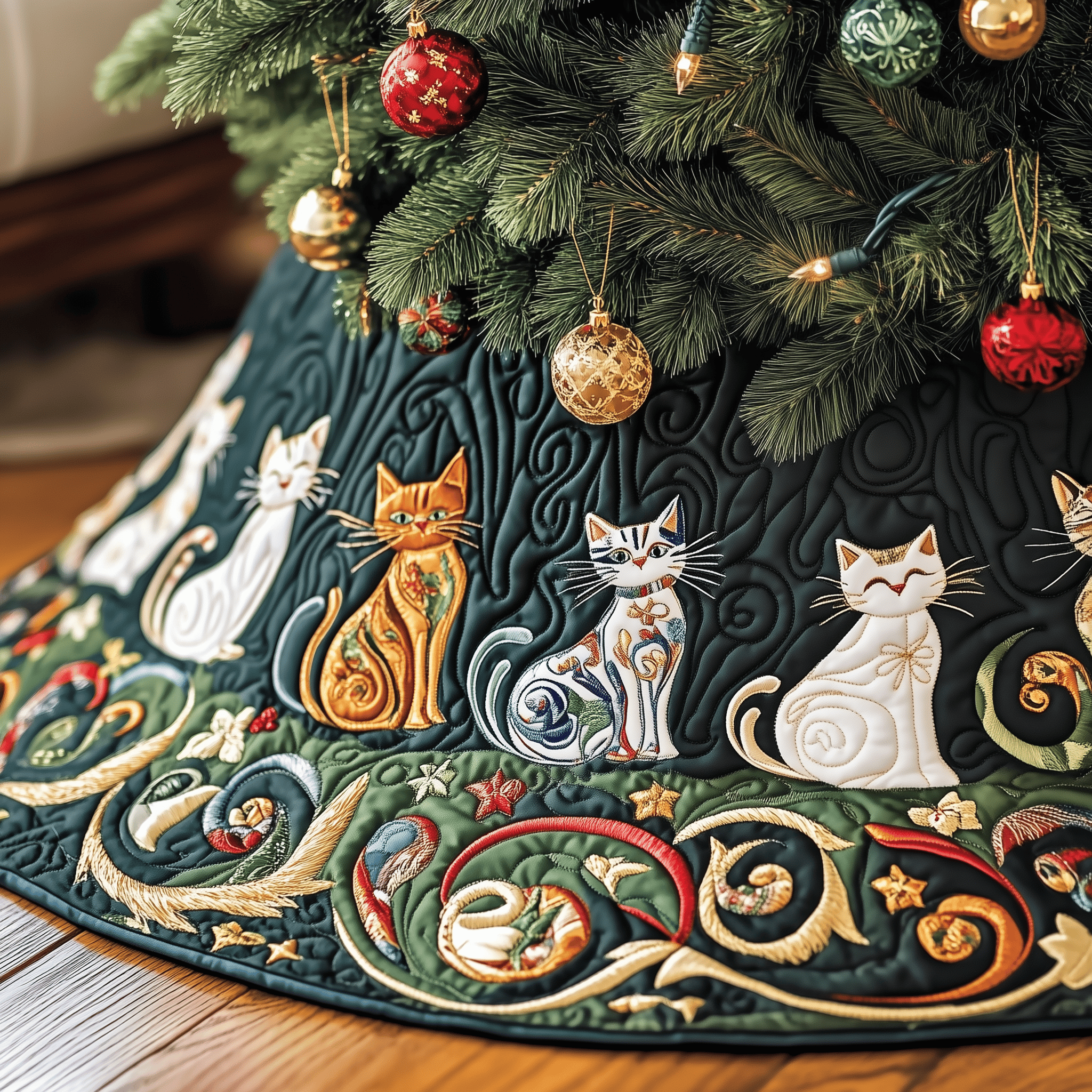 Festive Folk Art Cat Quilted Tree Skirt Warm Winter Home Merch