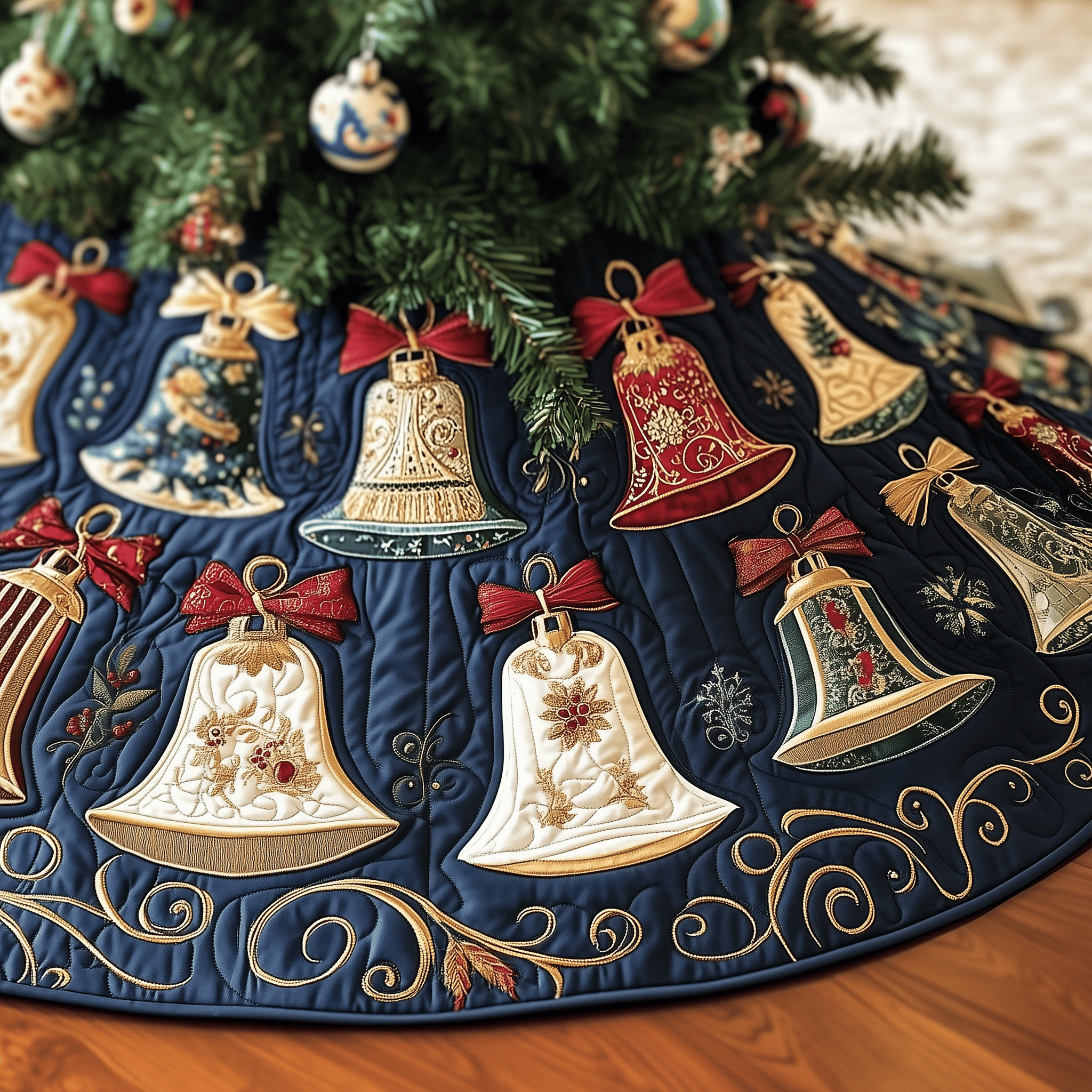 Vintage Christmas Bells Quilted Tree Skirt Special Birthday Gift Merch