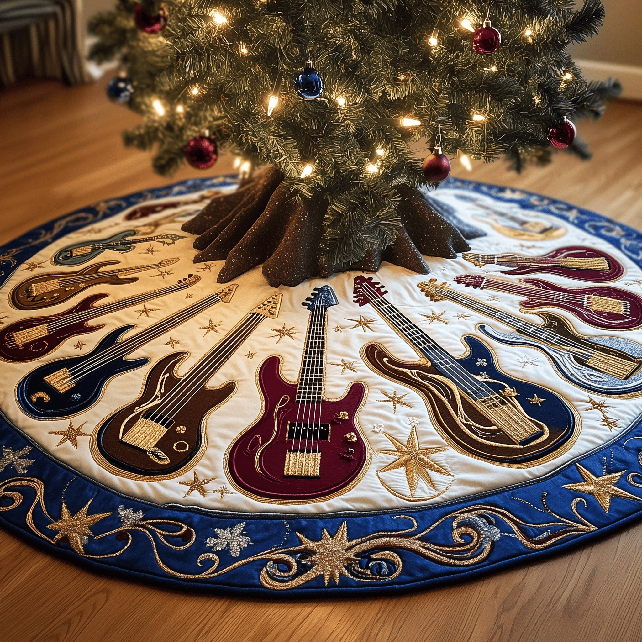 Guitar Bass Quilted Tree Skirt Unique Gift Merch For Friends