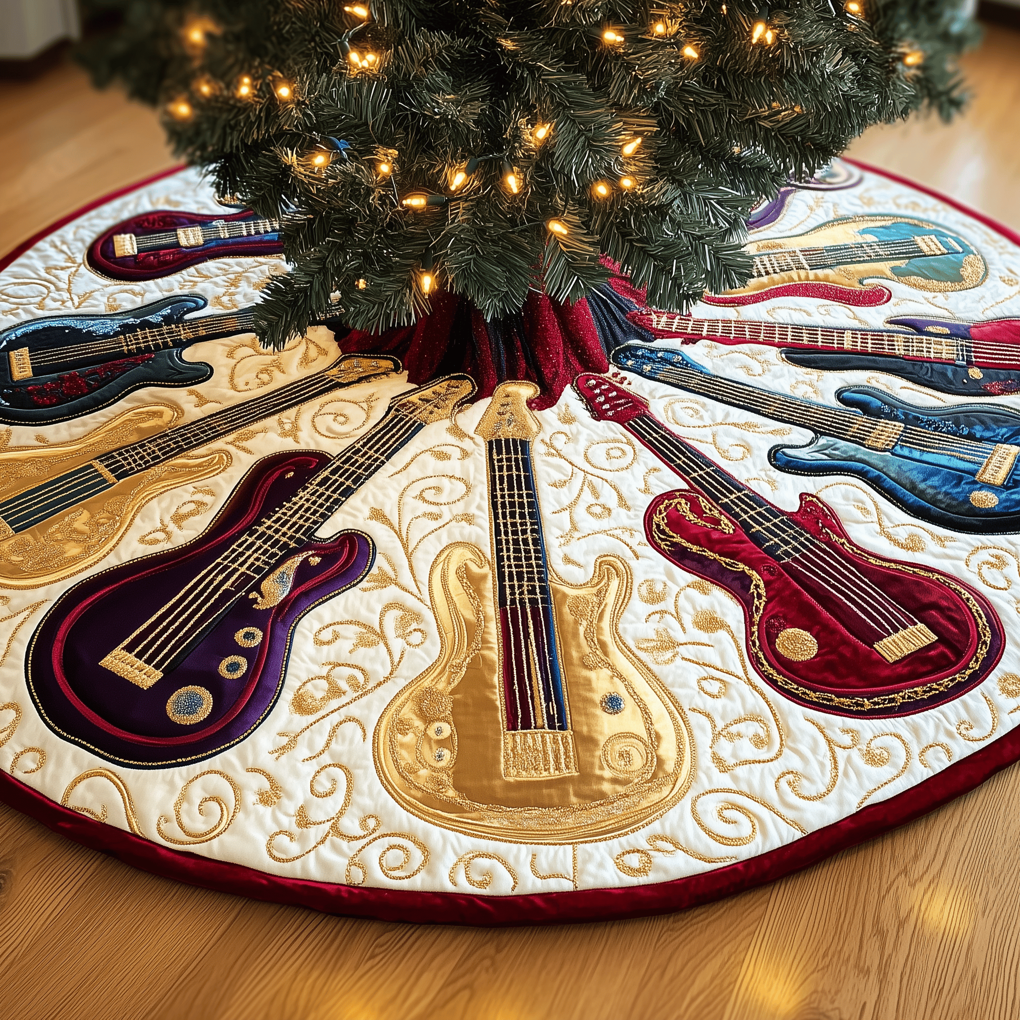 Guitar Bass Quilted Tree Skirt Charming Thanksgiving Gift Merch