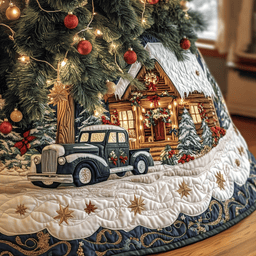 Vintage Snowy Cabin Quilted Tree Skirt Magical Christmas Spirit Merch