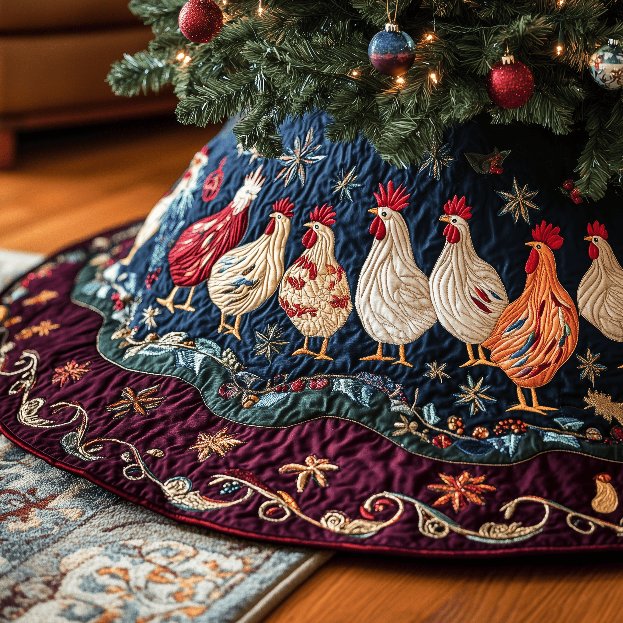 Festive Chicken Quilted Tree Skirt Beautiful Christmas Home Merch