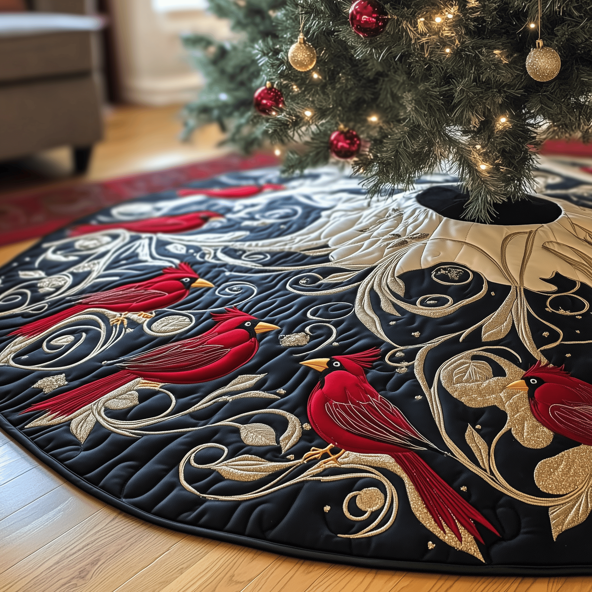 Red Cardinal Quilted Tree Skirt Warm Gift Merch For Family