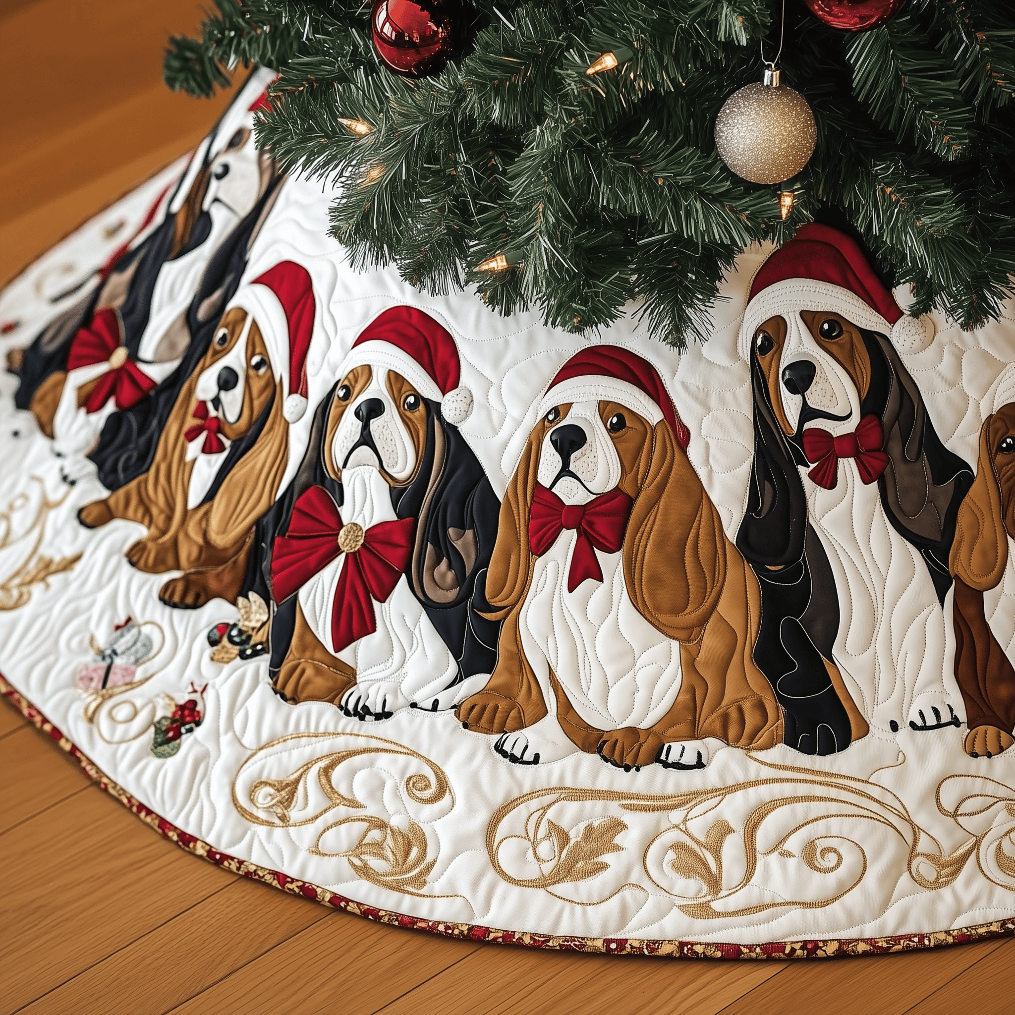 Joyful Basset Hound Quilted Tree Skirt Lovely Gift Merch For Couples