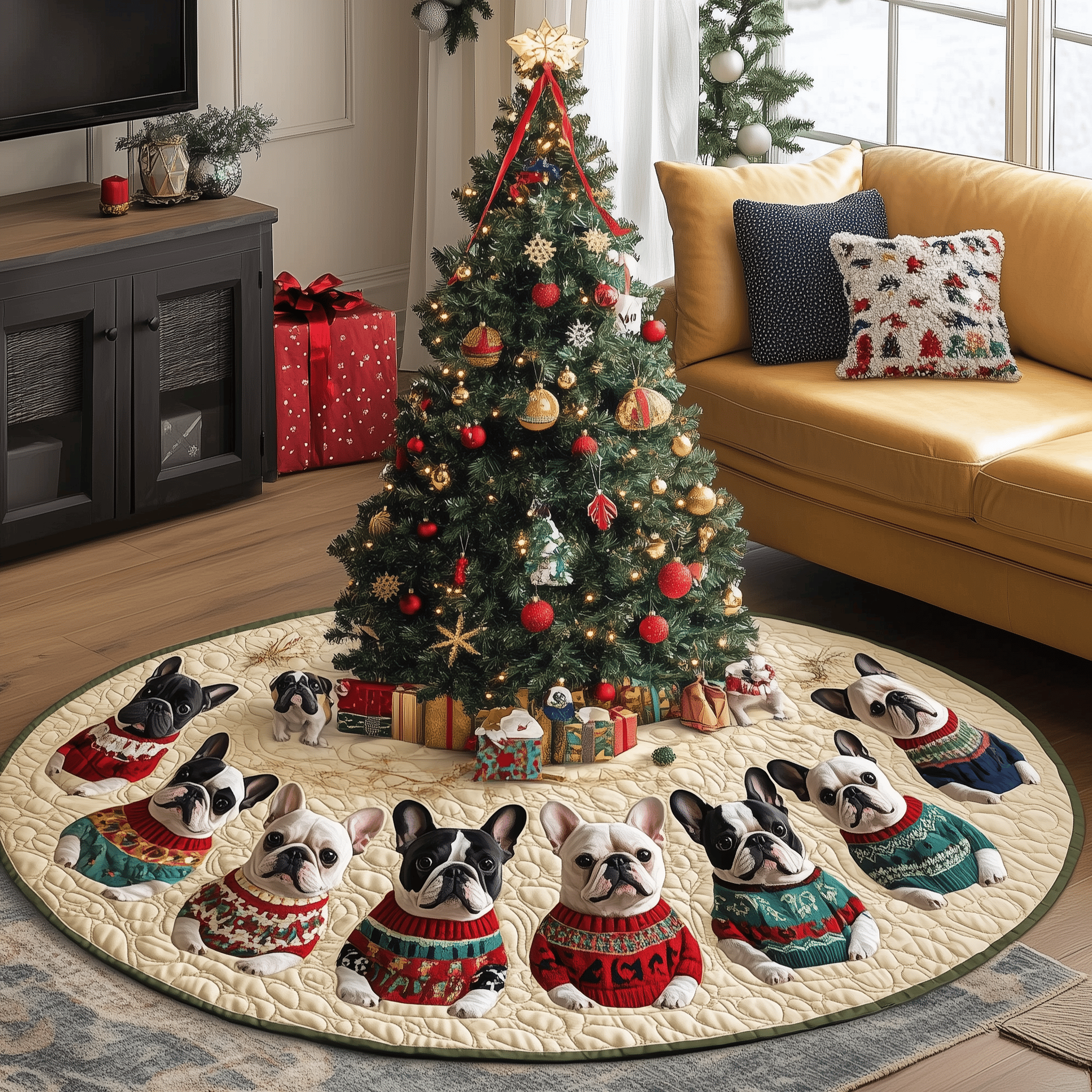 Playful French Bulldog Christmas Quilted Tree Skirt Elegant Christmas Tree Decor Merch