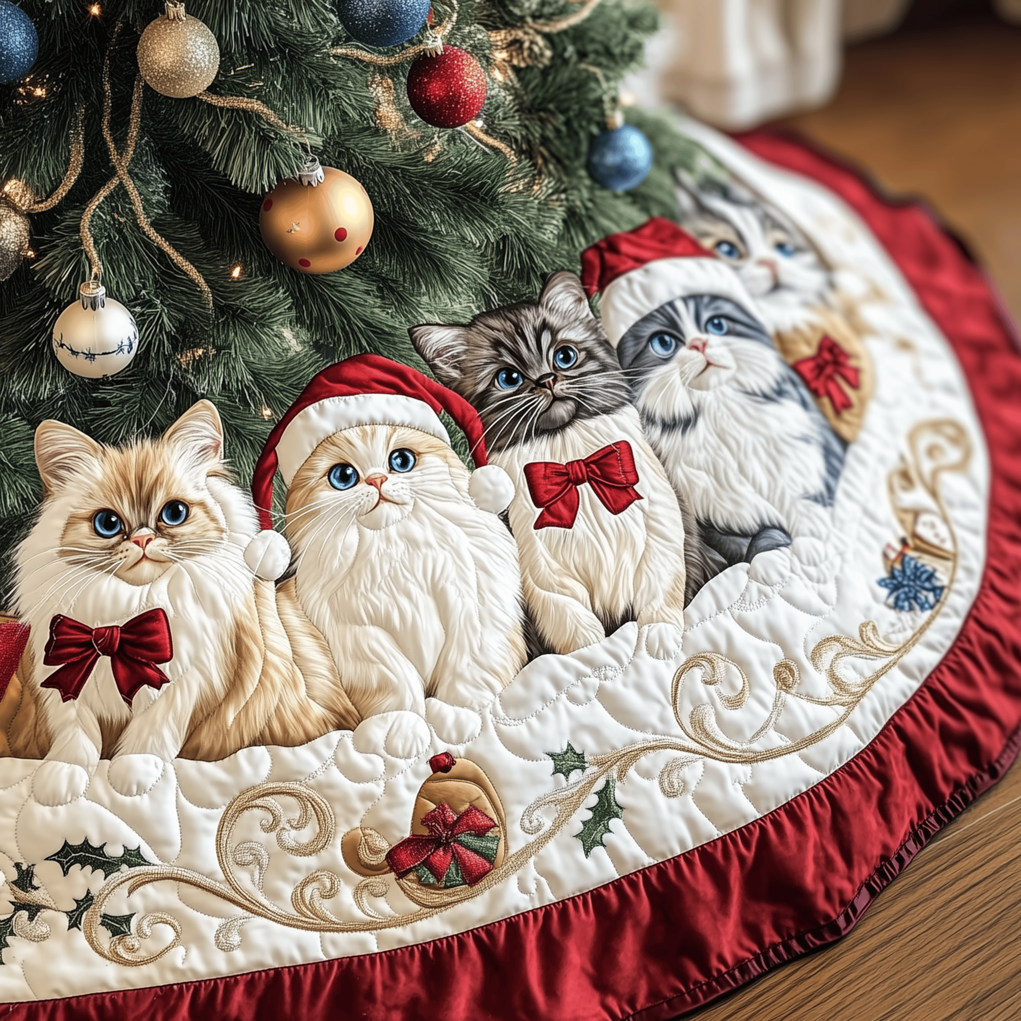 Festive Cat Quilted Tree Skirt Unique Gift Merch For Friends