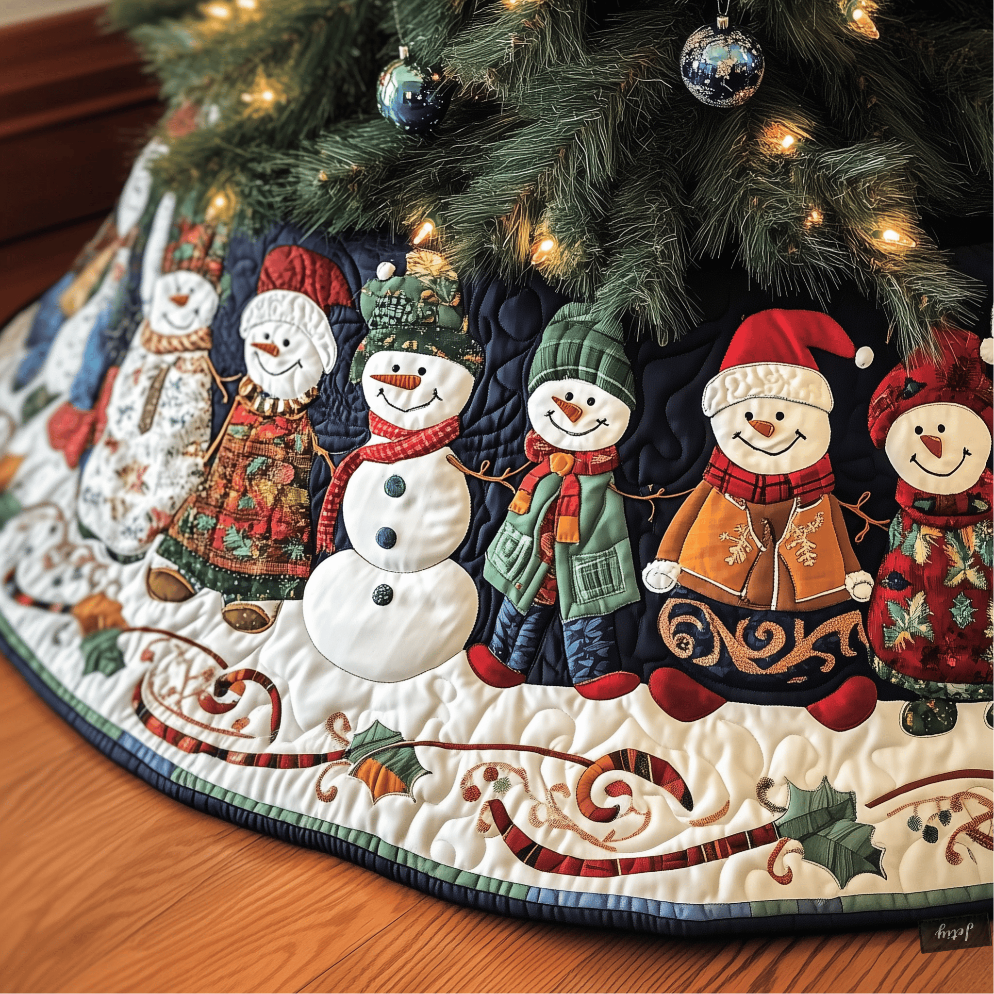 Vintage Christmas Snowman Quilted Tree Skirt Festive Living Room Merch