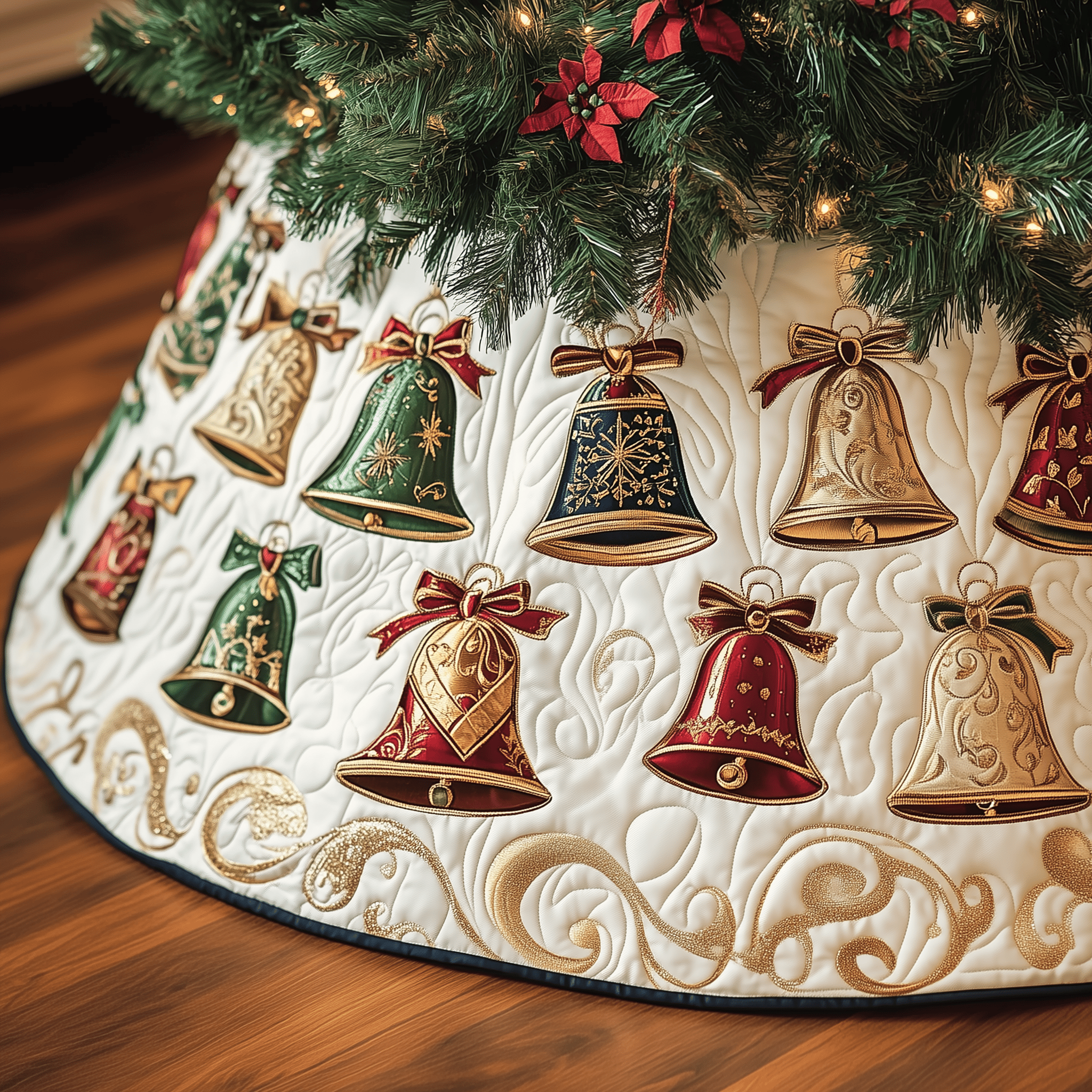 Vintage Christmas Bells Quilted Tree Skirt Charming Thanksgiving Gift Merch