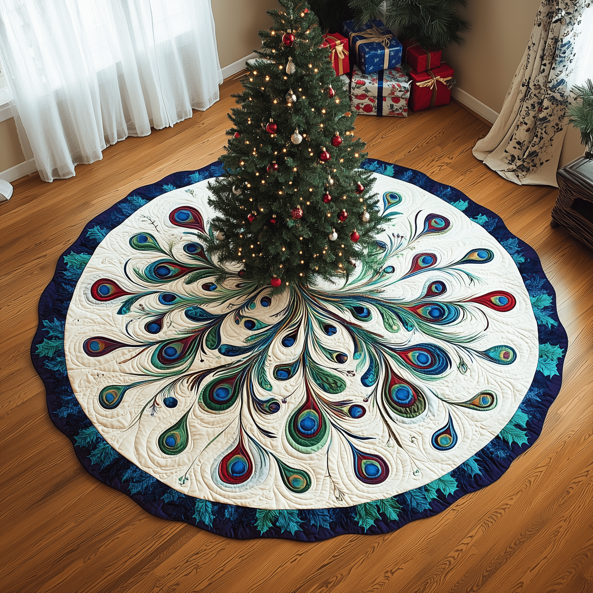 Peacock Quilted Tree Skirt Cozy Home Decor Gift Merch