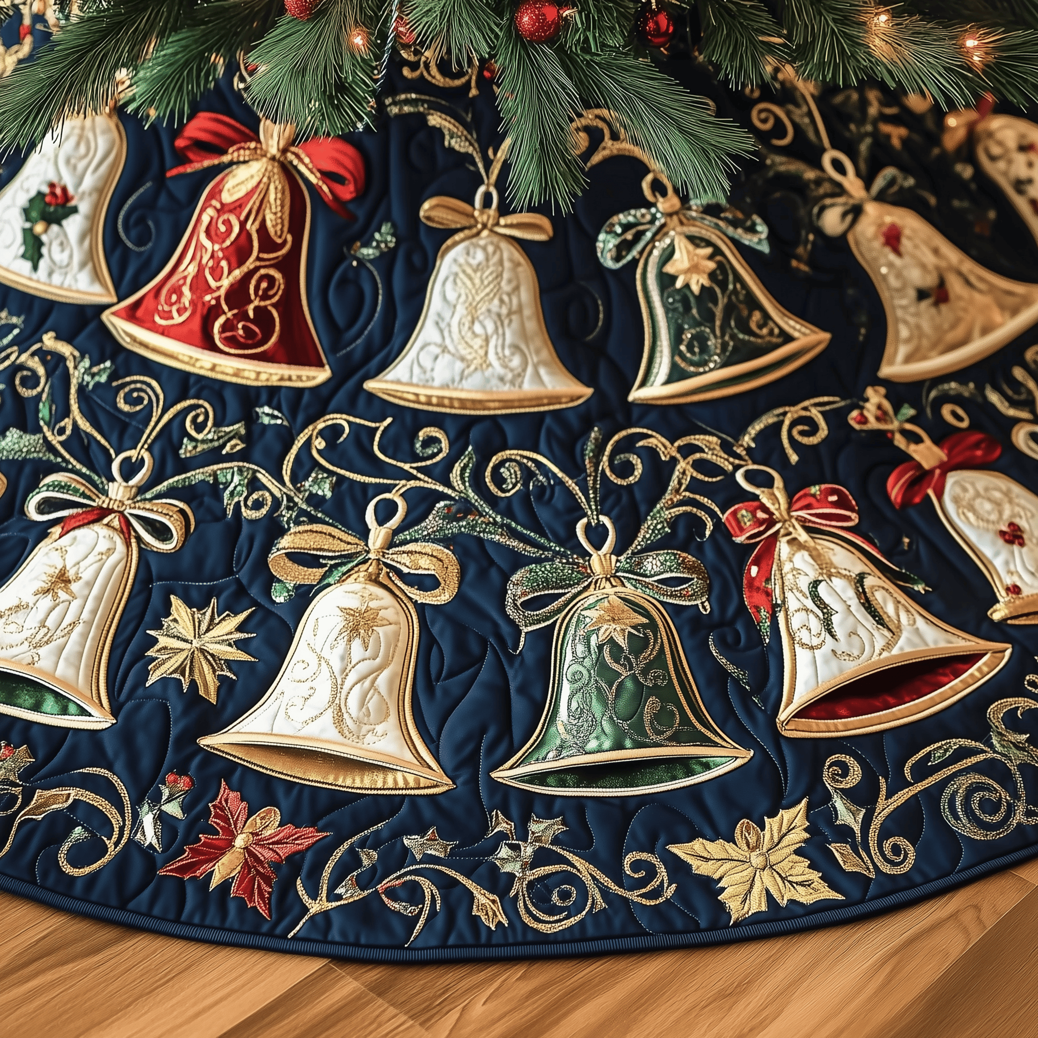 Vintage Christmas Bells Quilted Tree Skirt Adorable Easter Gift Merch