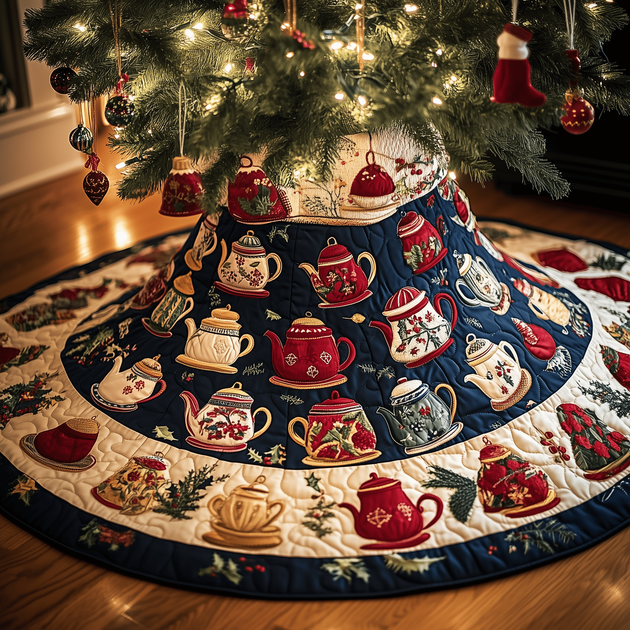Festive Teapot Quilted Tree Skirt Perfect Tree Skirt Decoration Merch