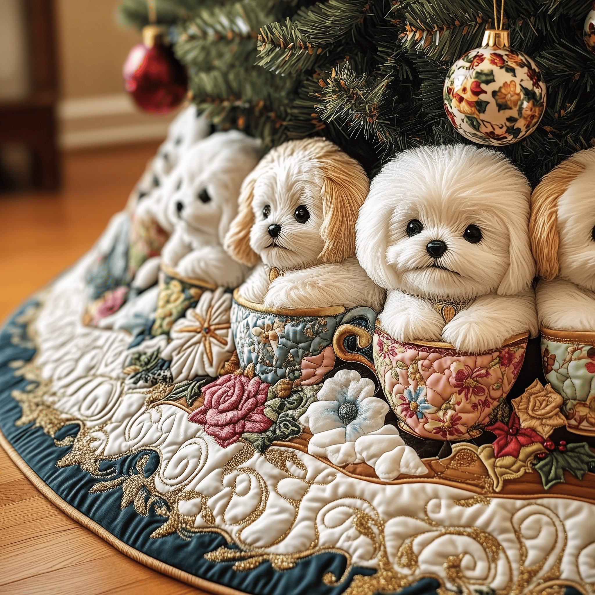 Vintage Bichon Frise In Teacup Quilted Tree Skirt Holiday Gift Merch