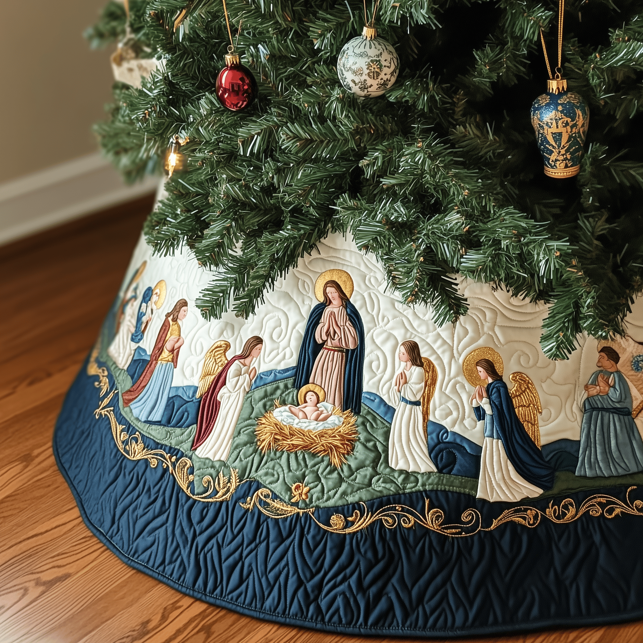 Nativity Scene Quilted Tree Skirt Magical Christmas Spirit Merch