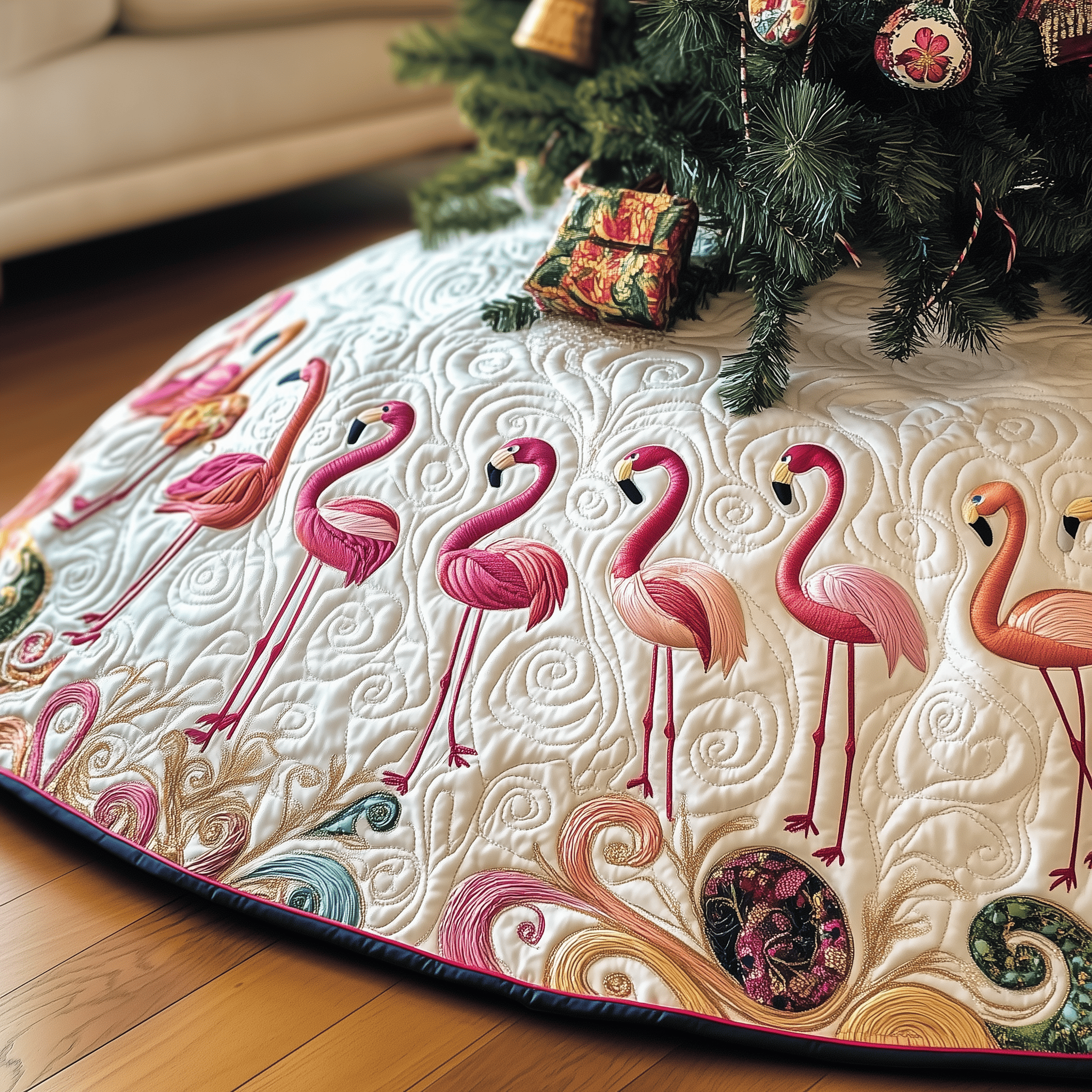 Festive Flamingo Quilted Tree Skirt Unique Gift Merch For Friends