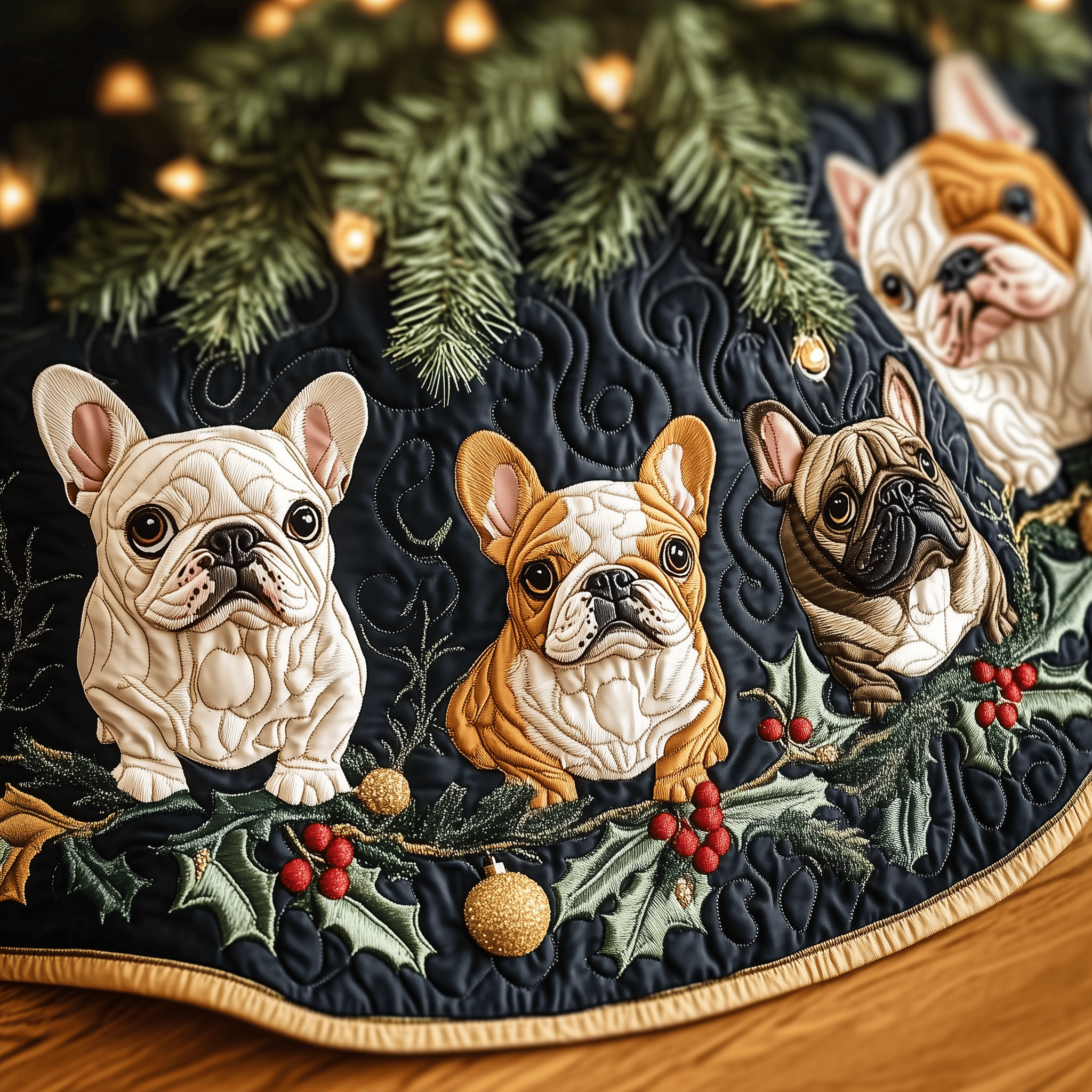 Festive Bulldog Quilted Tree Skirt Warm Winter Home Merch