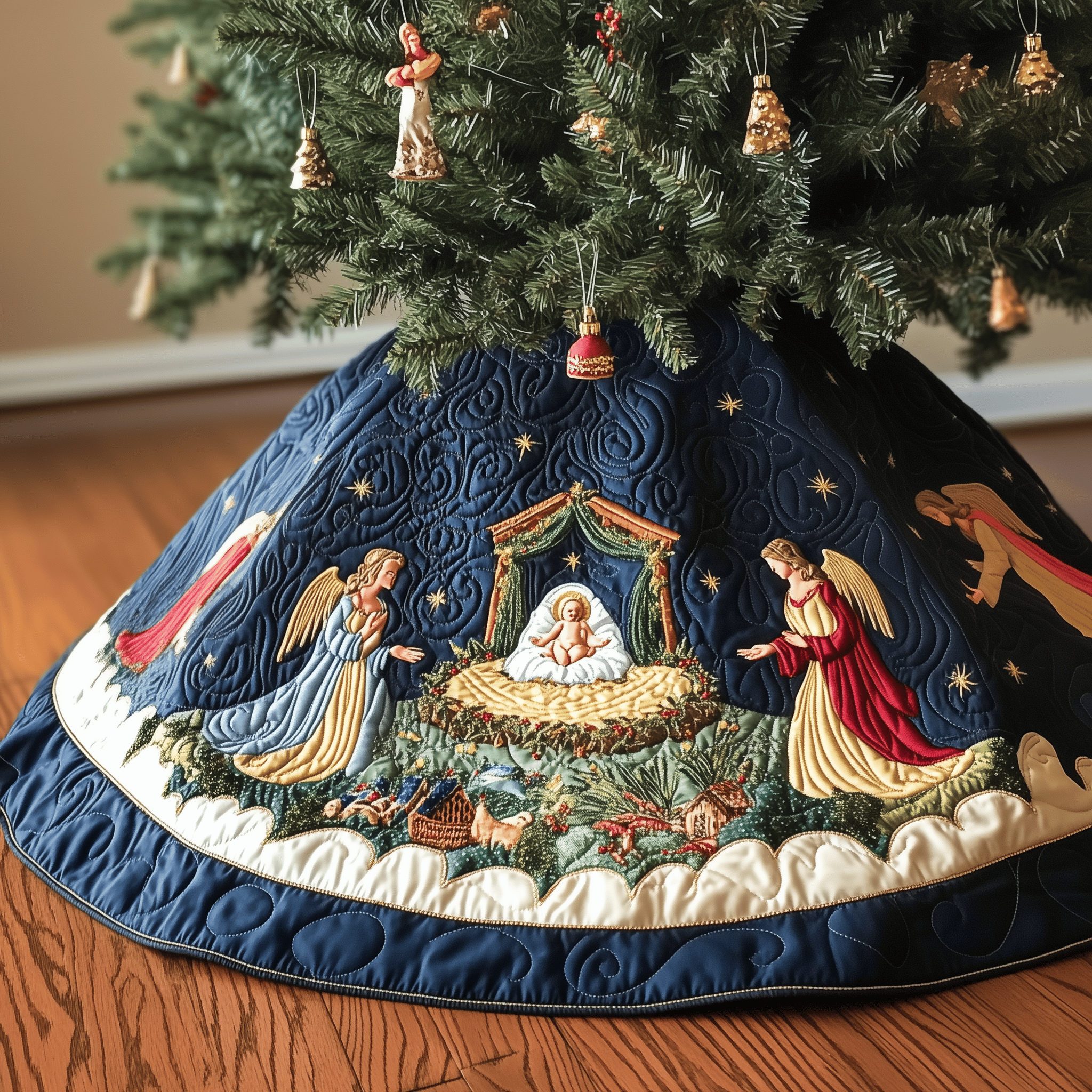 Nativity Scene Quilted Tree Skirt Warm Winter Home Merch