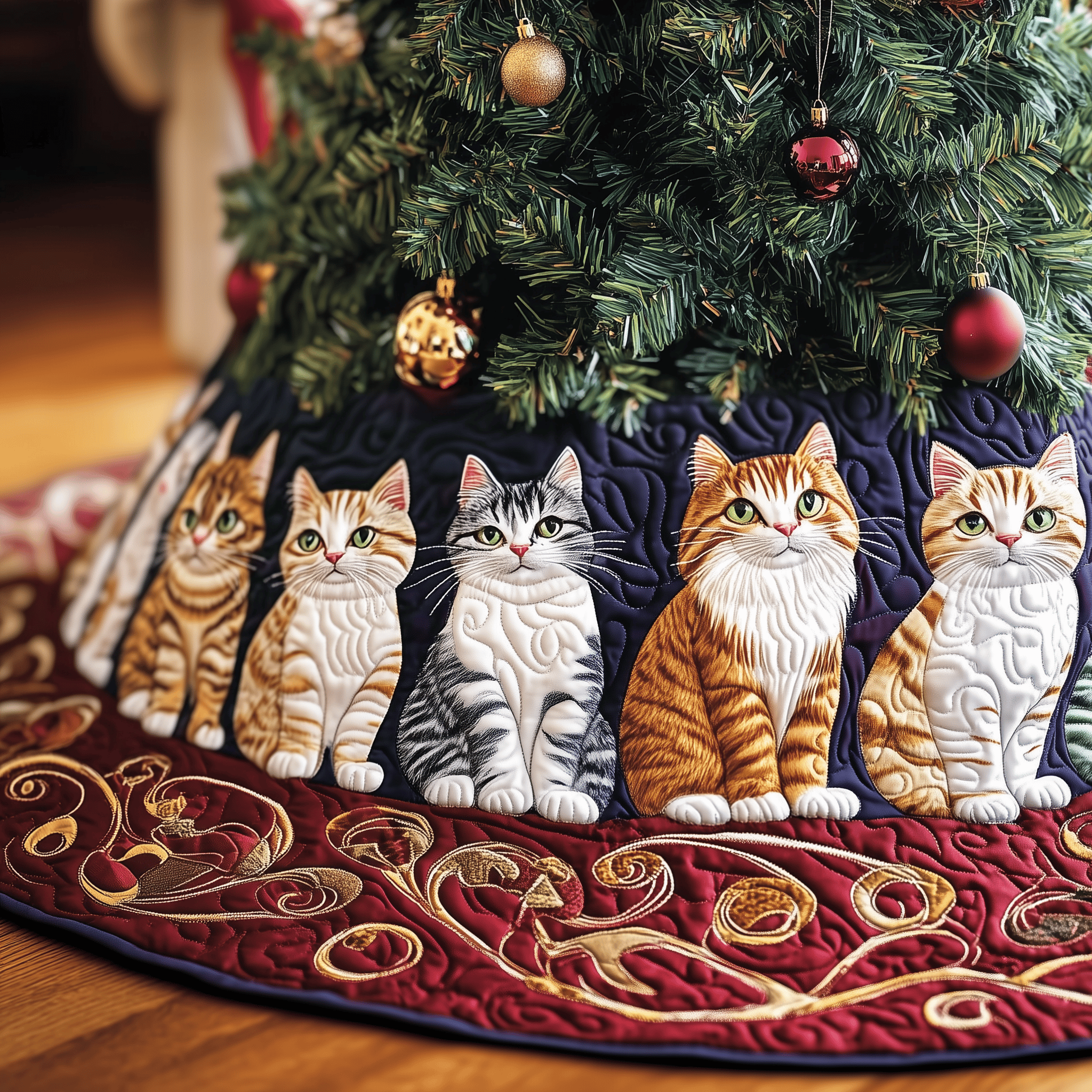 Joyful Cat Quilted Tree Skirt Charming Holiday Home Merch