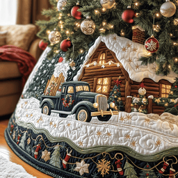 Vintage Snowy Cabin Quilted Tree Skirt Heartwarming Family Gathering Merch